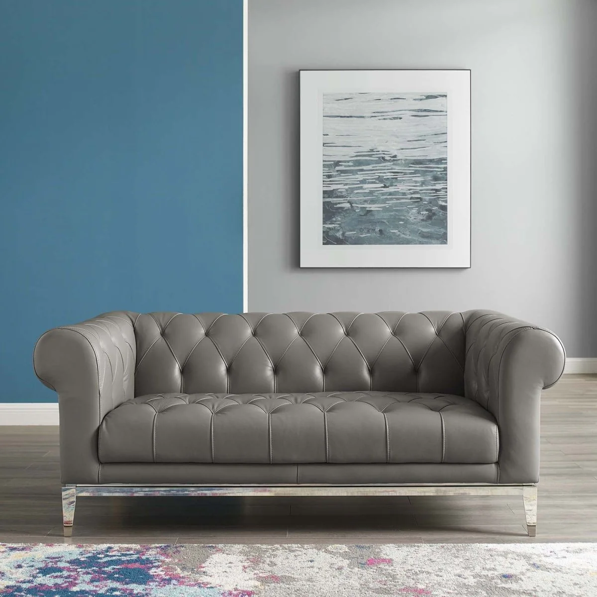 70 Inch Tufted Button Upholstered Leather Chesterfield Loveseat in Gray - Image 6