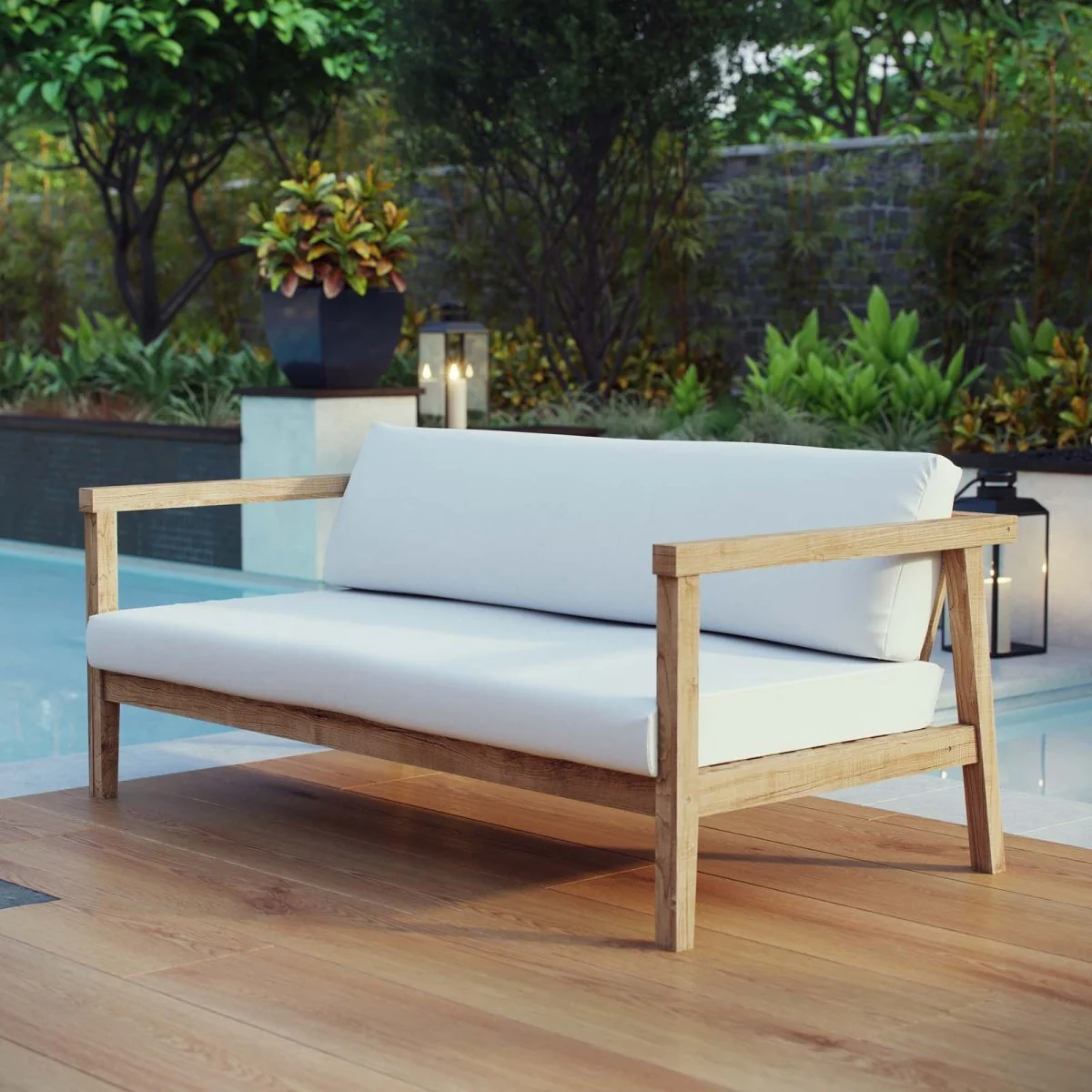 70" Natural Teak Wood Outdoor Patio Sofa with White Cushions - Image 4