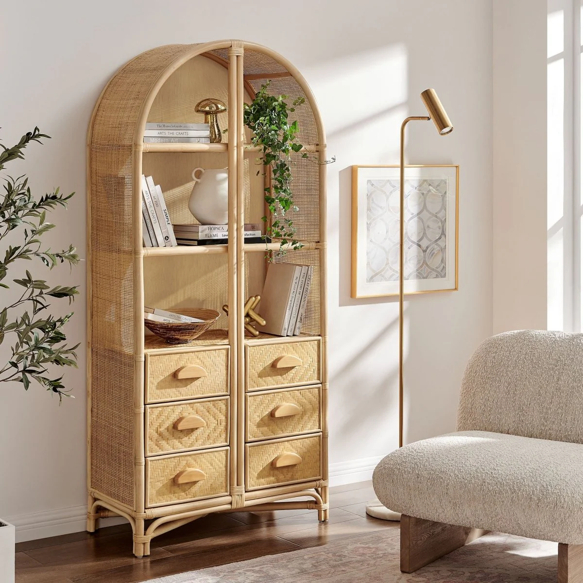 71" Tall Arched Natural Rattan Bookshelf with 6 Storage Drawers - Image 8