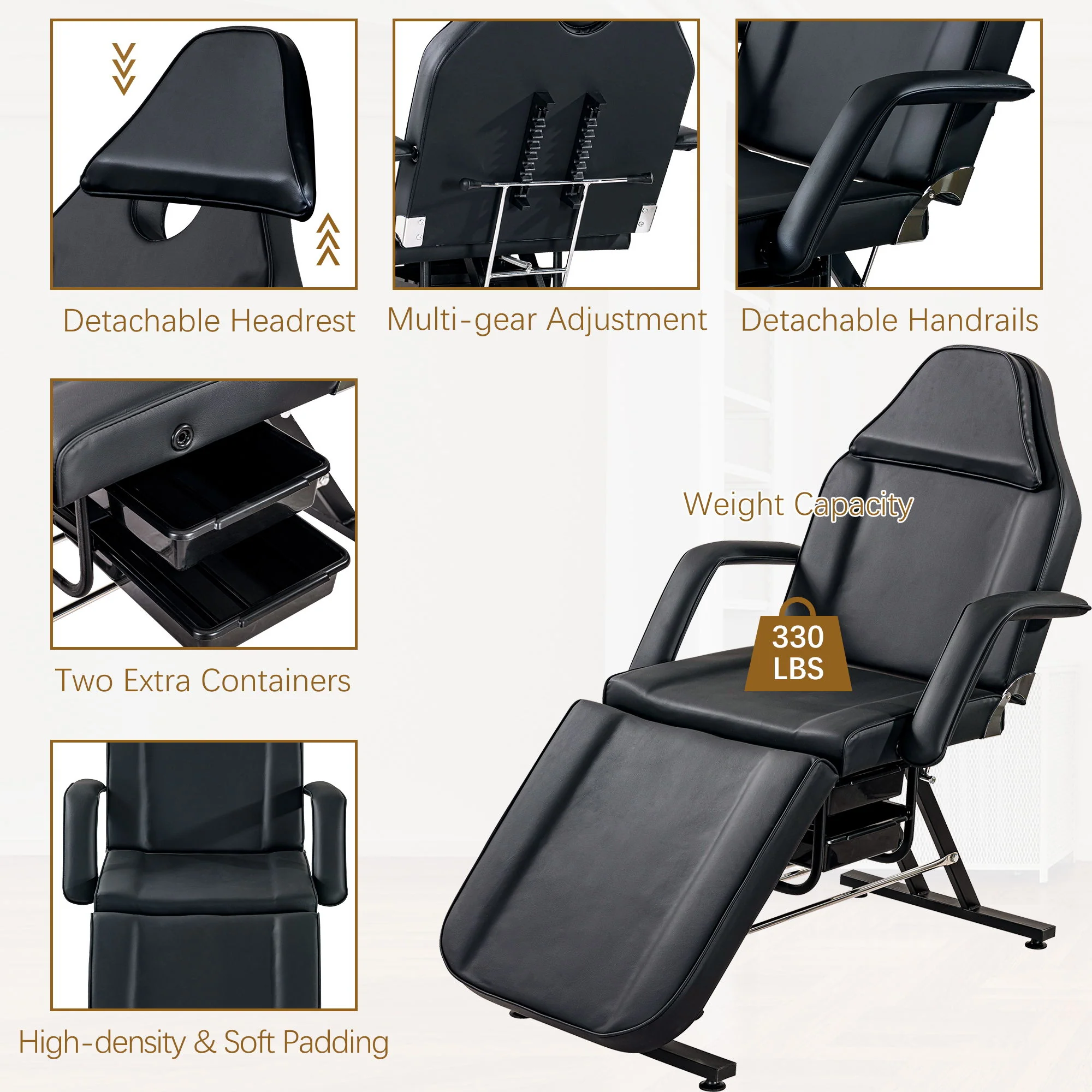 72.8" Massage Salon Tattoo Chair With Two Trays Esthetician Bed With Hydraulic Stool, Multi-Purpose 3-Section Facial Bed Table, Adjustable Beauty Barber Spa Beauty Equipment - Image 10