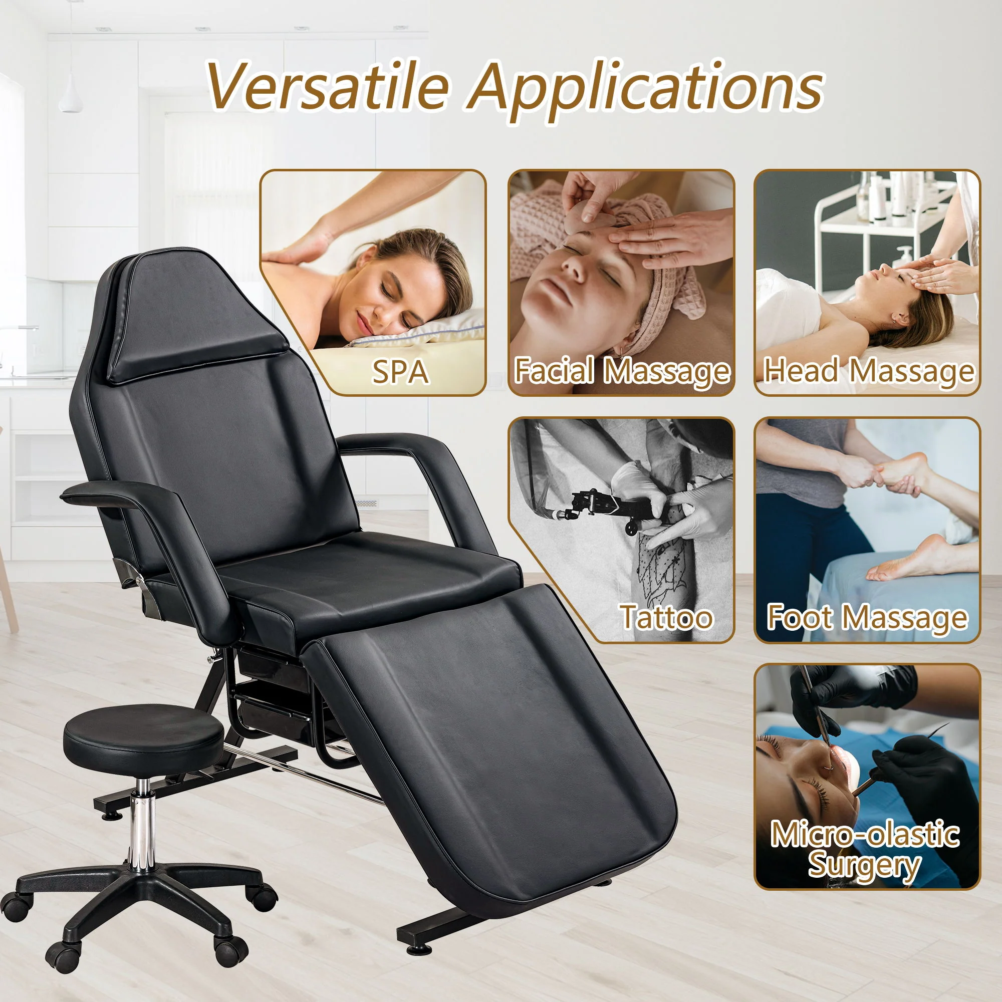 72.8" Massage Salon Tattoo Chair With Two Trays Esthetician Bed With Hydraulic Stool, Multi-Purpose 3-Section Facial Bed Table, Adjustable Beauty Barber Spa Beauty Equipment - Image 14
