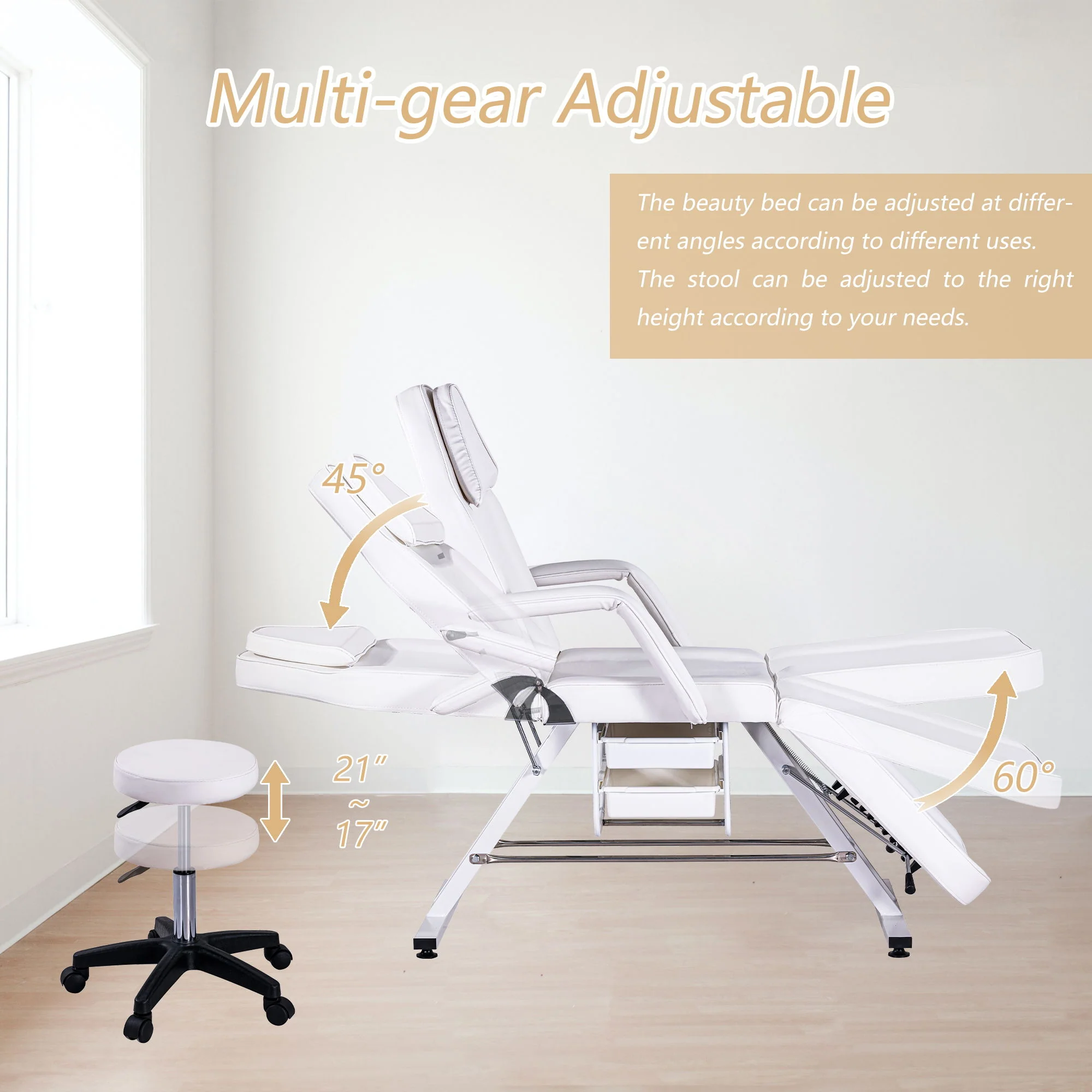 72.8" Massage Salon Tattoo Chair With Two Trays Esthetician Bed With Hydraulic Stool, Multi-Purpose 3-Section Facial Bed Table, Adjustable Beauty Barber Spa Beauty Equipment - Image 18
