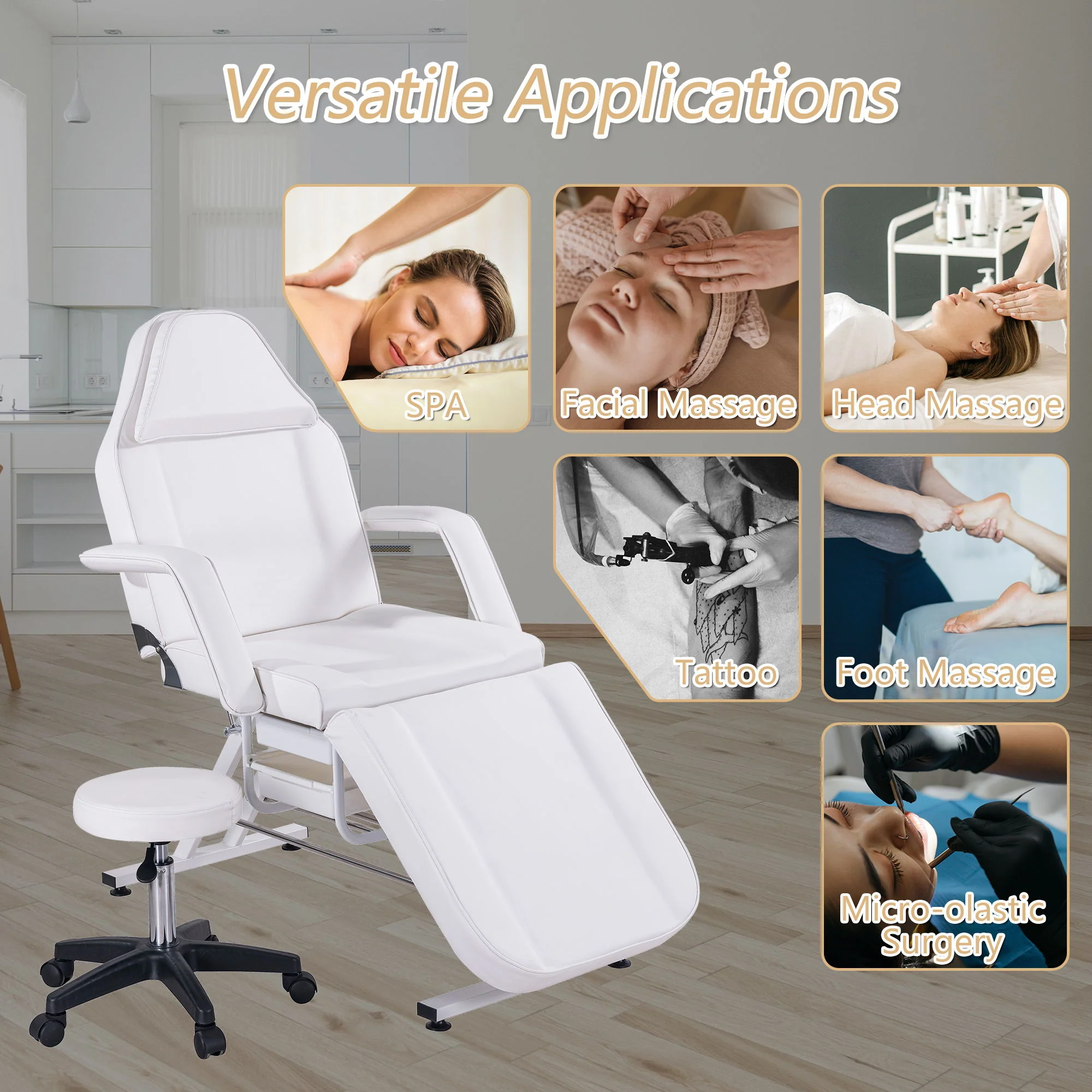 72.8" Massage Salon Tattoo Chair With Two Trays Esthetician Bed With Hydraulic Stool, Multi-Purpose 3-Section Facial Bed Table, Adjustable Beauty Barber Spa Beauty Equipment - Image 5