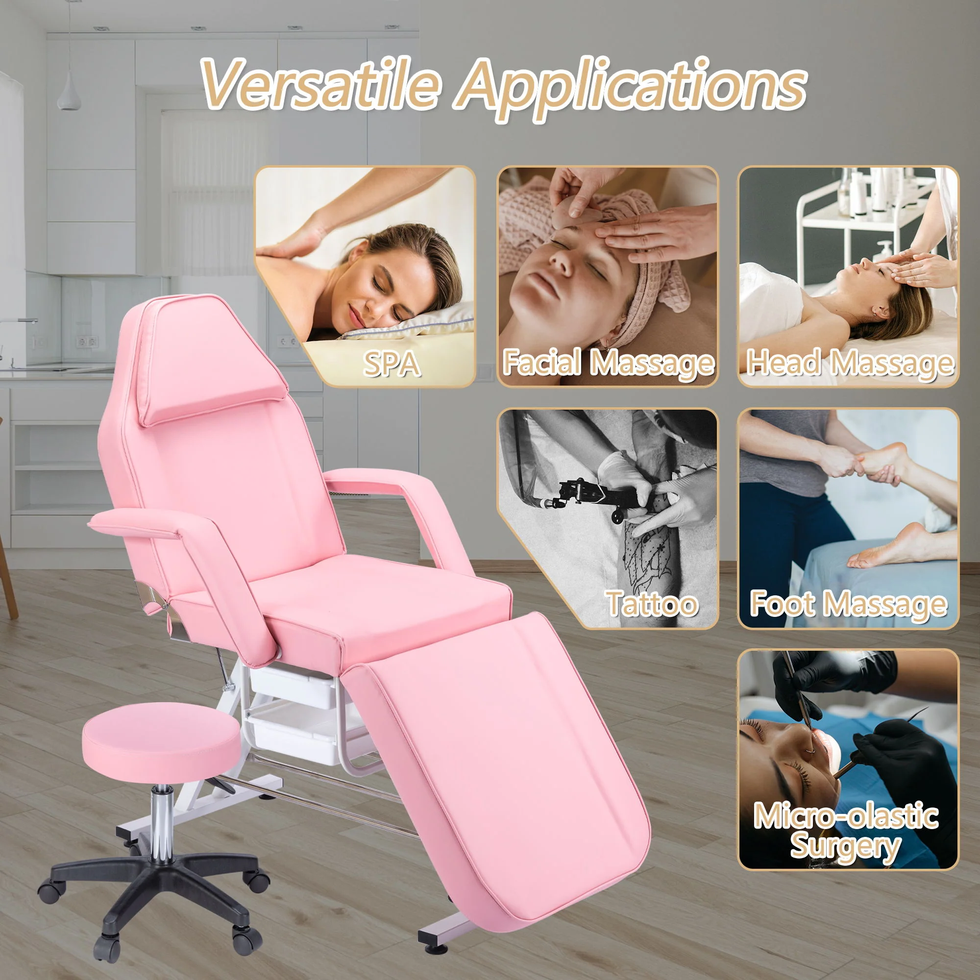 72.8" Massage Salon Tattoo Chair With Two Trays Esthetician Bed With Hydraulic Stool, Multi-Purpose 3-Section Facial Bed Table, Adjustable Beauty Barber Spa Beauty Equipment - Image 6