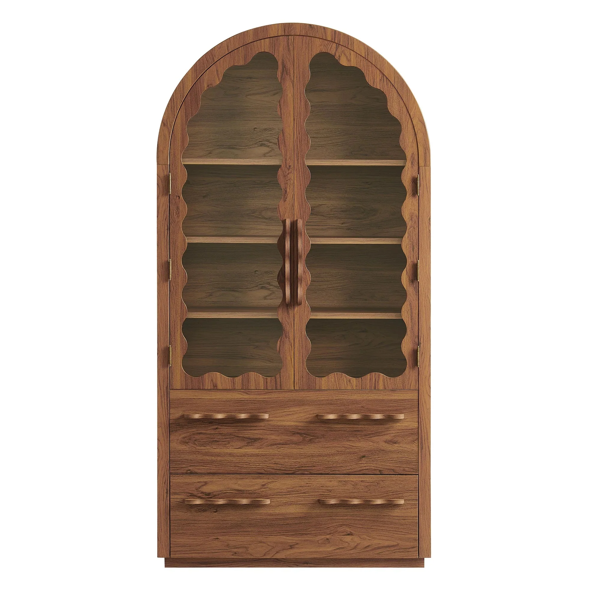 76 Inch Arched Scalloped Glass Door Kitchen Pantry Cabinet – Wood Grain - Image 14