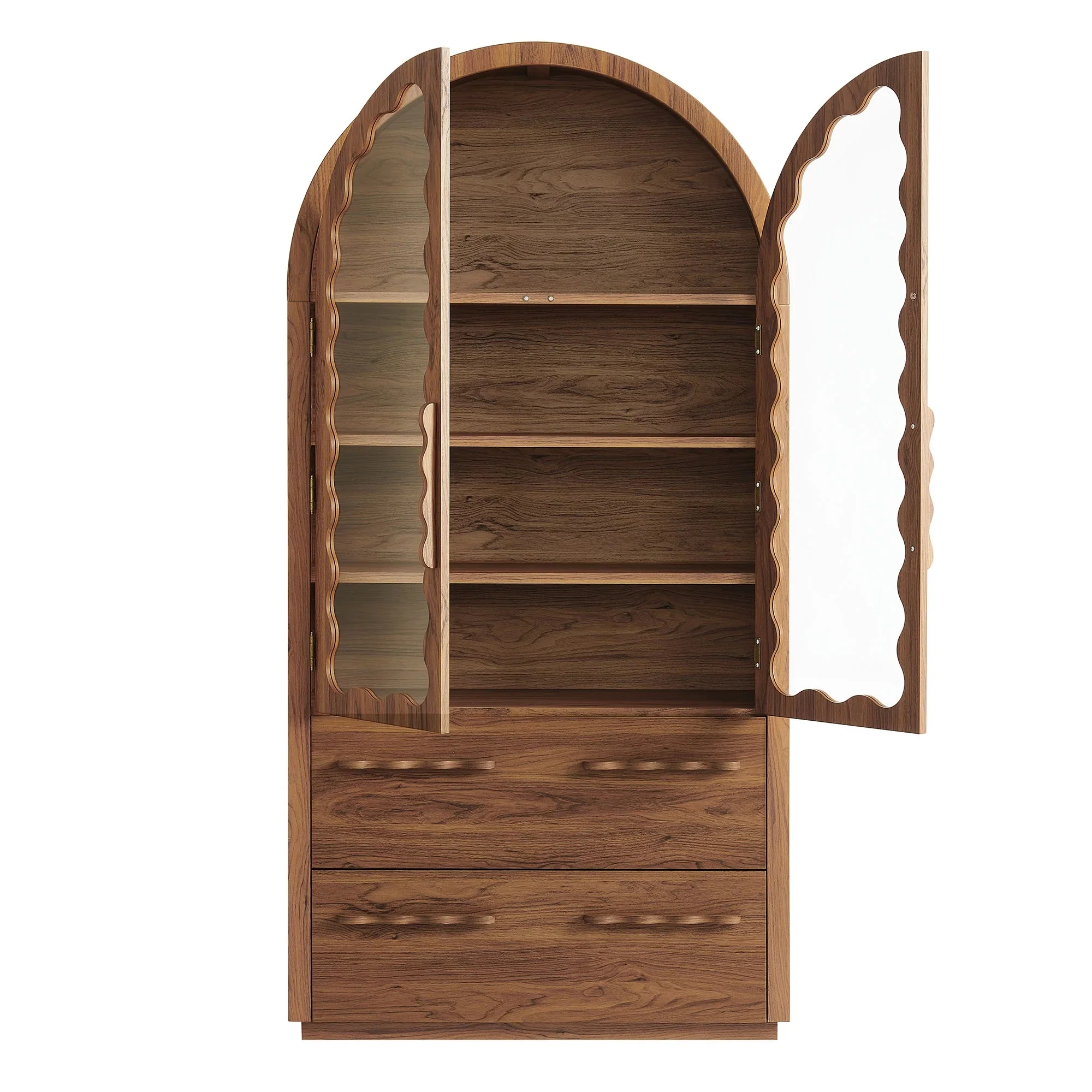 76 Inch Arched Scalloped Glass Door Kitchen Pantry Cabinet – Wood Grain - Image 15