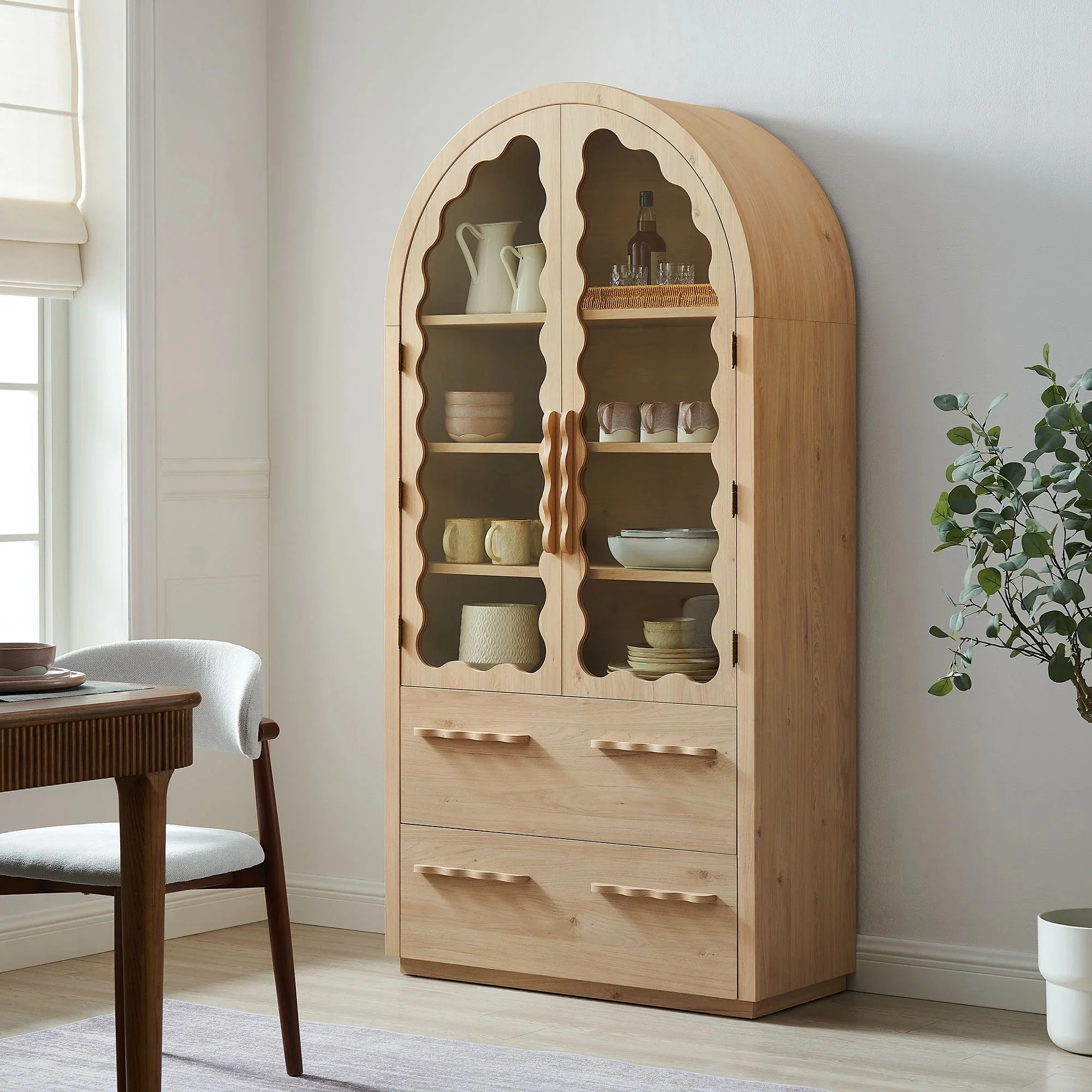 76 Inch Arched Scalloped Glass Door Kitchen Pantry Cabinet – Wood Grain - Image 2
