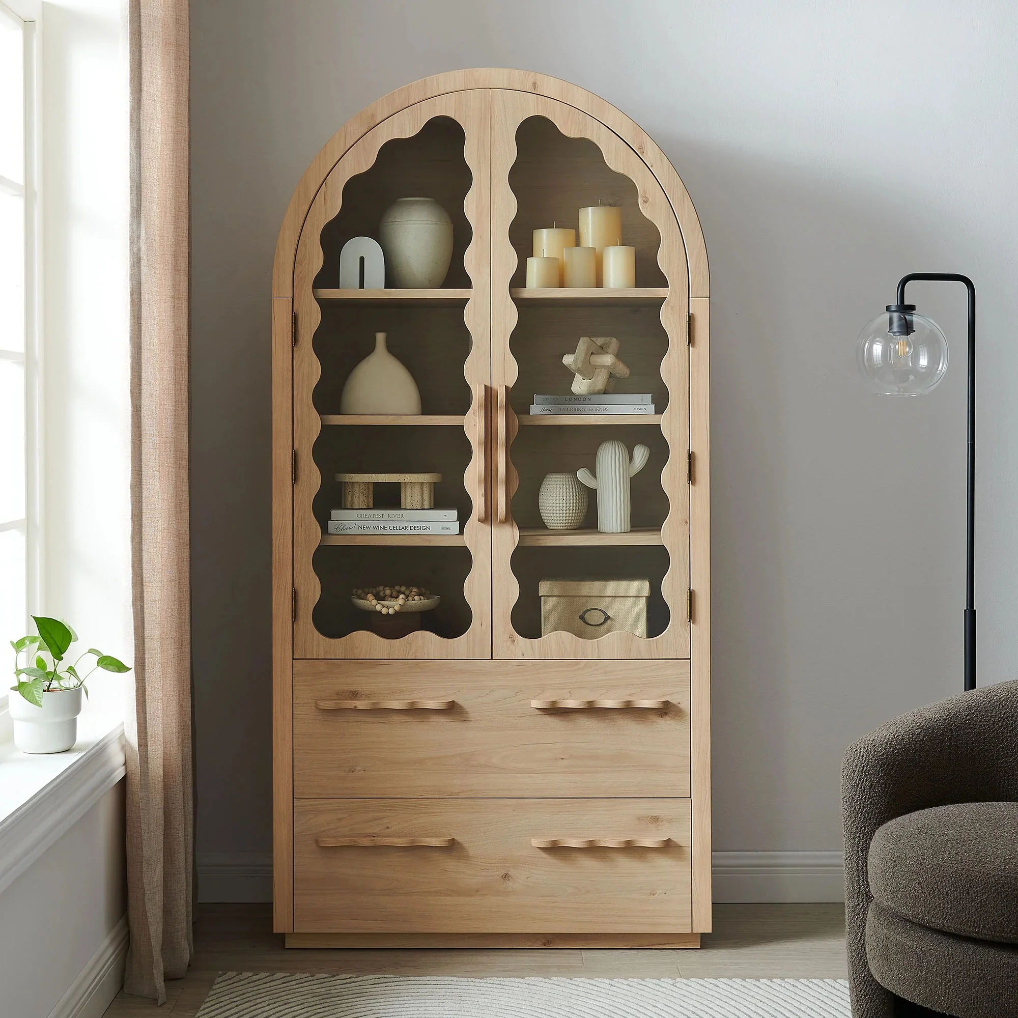 76 Inch Arched Scalloped Glass Door Kitchen Pantry Cabinet – Wood Grain - Image 4