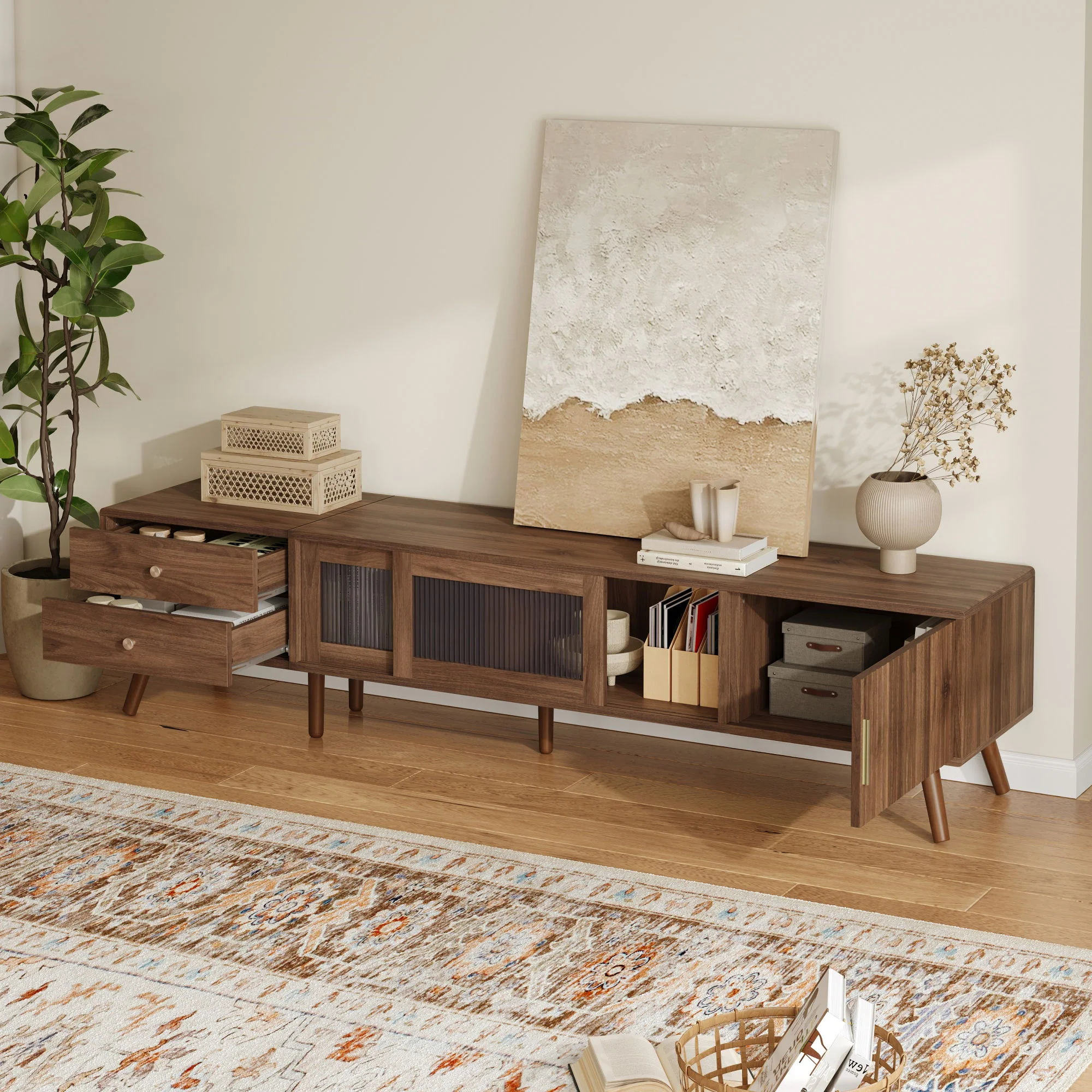 76" TV Stand, Entertainment Center With Storage Cabinets, TV Media Console Table For Living Room - Natural - Image 9
