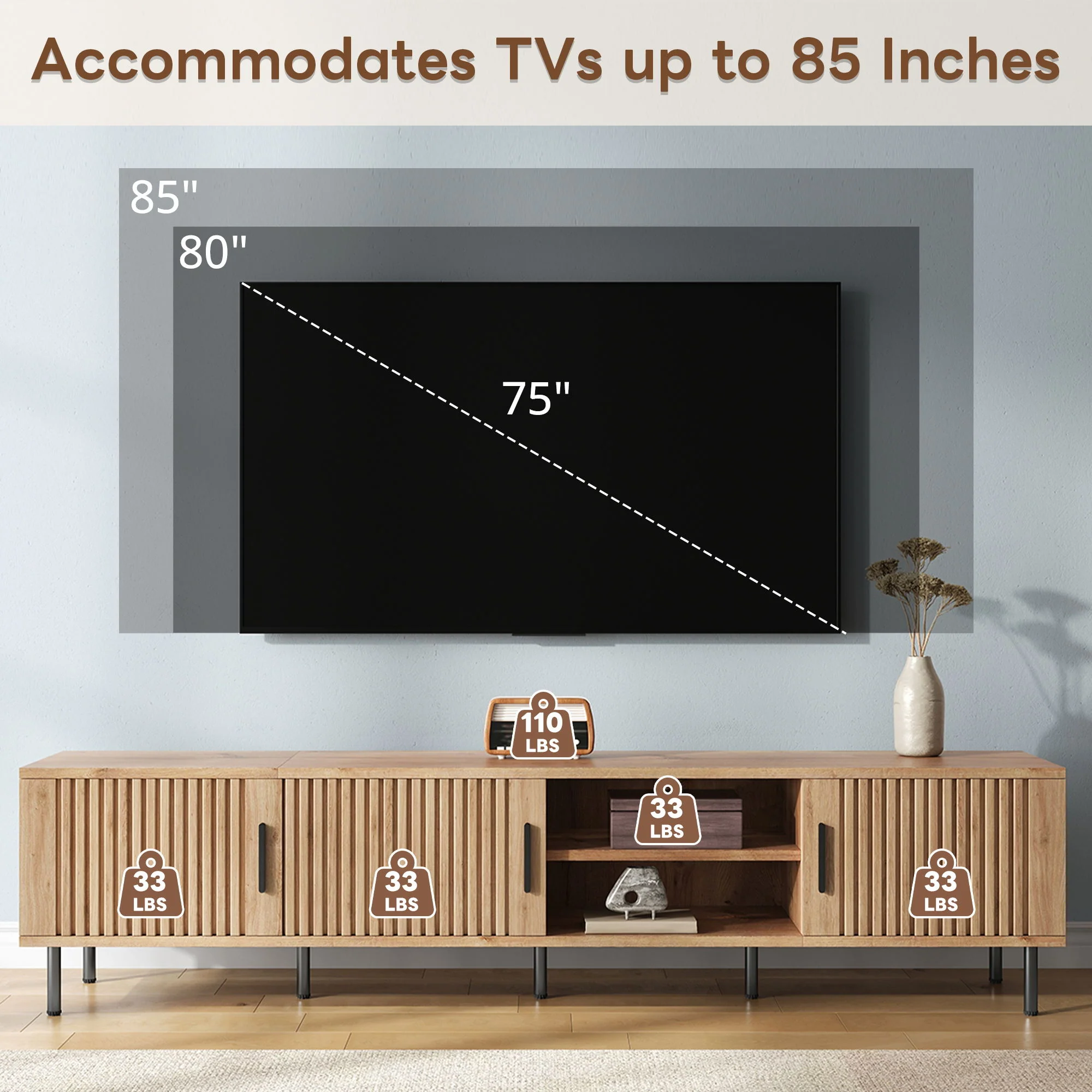 78" TV Stand For TVs Up To 85" With Closed Storage, Living Room Entertainment Center - Natural Wood - Image 2