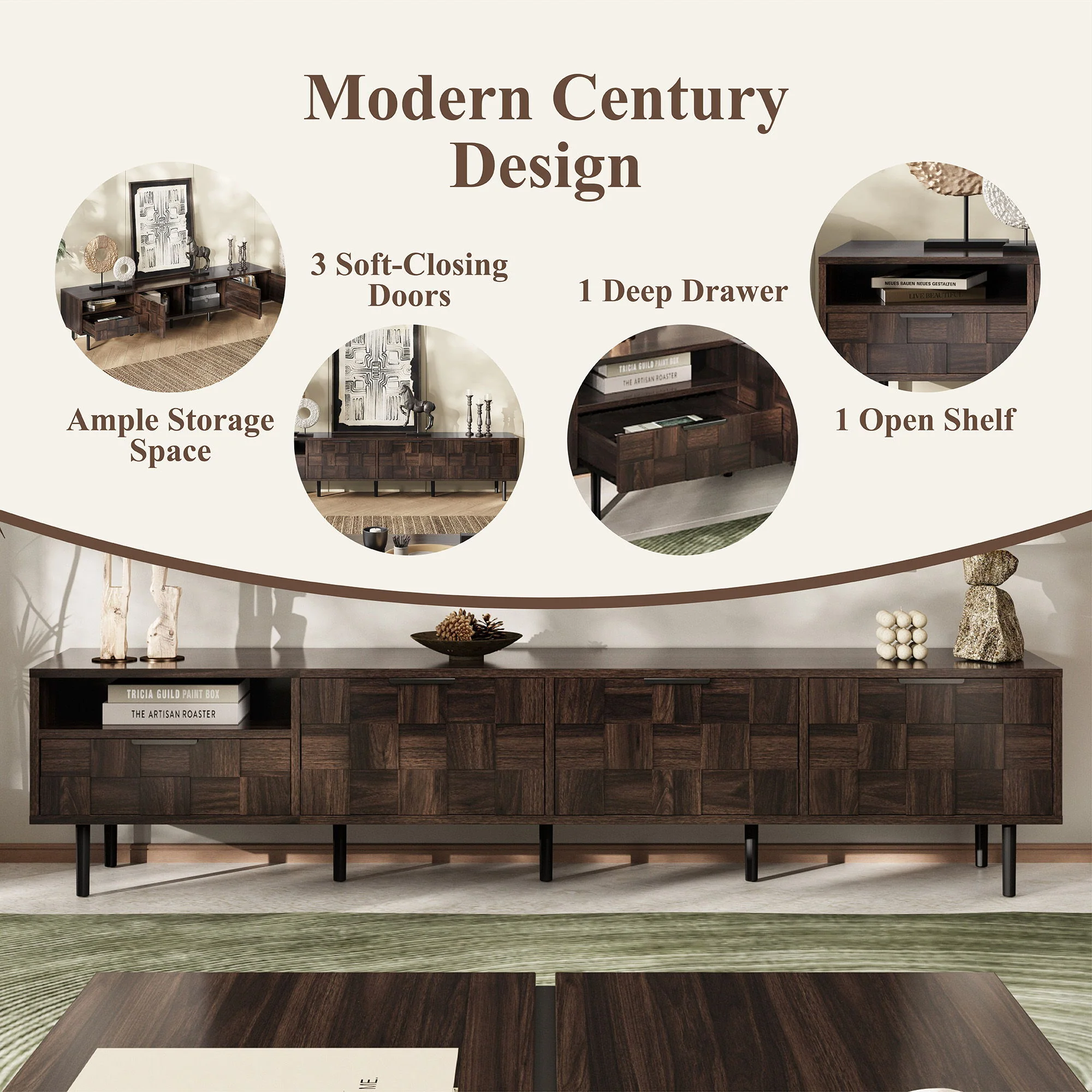 78" TV Stand With Storage Cabinets For Living Room - Walnut - Image 3