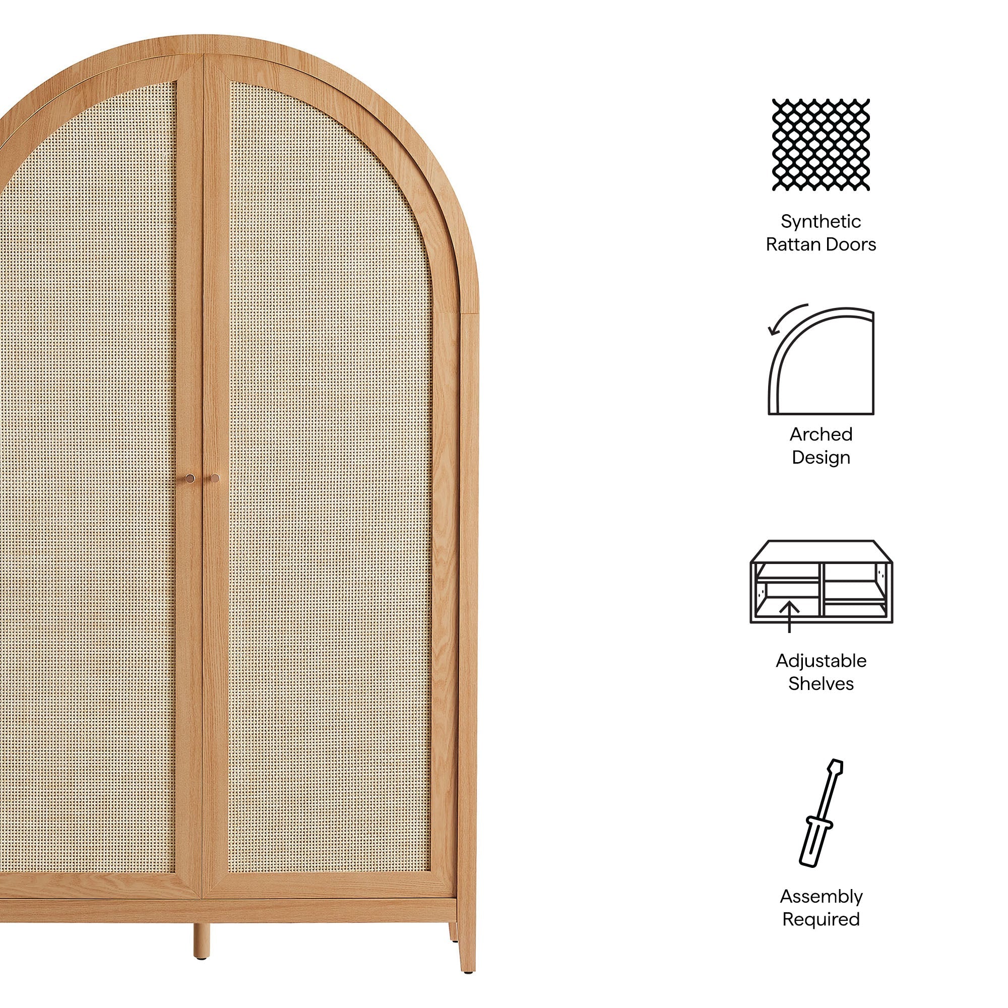79 Inch Tall Arched Wide Storage Cabinet with Synthetic Rattan Doors - Image 2