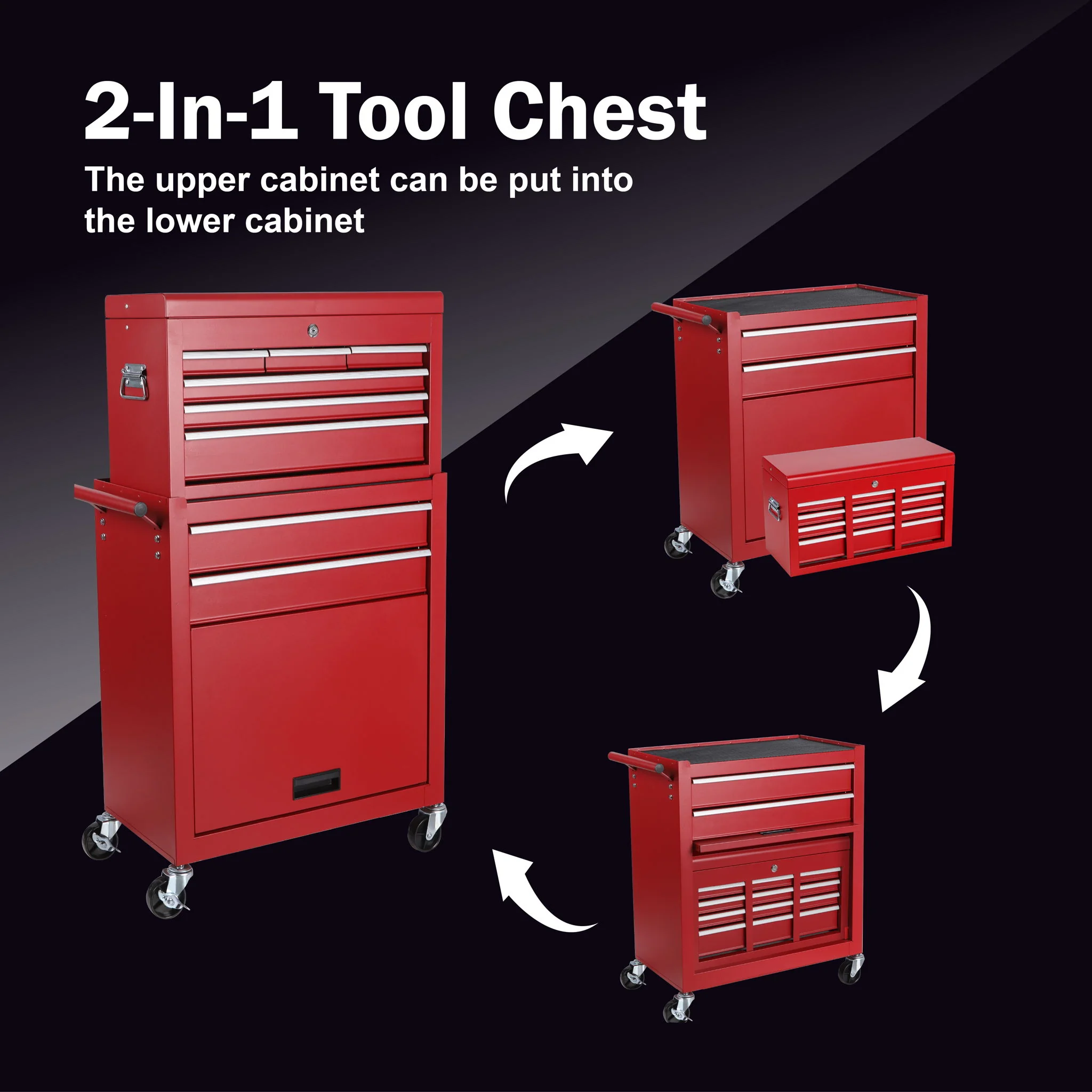 8 Drawer Rolling Tool Chest With 2 In 1 Detachable Top Box, Lockable Wheels - Image 10