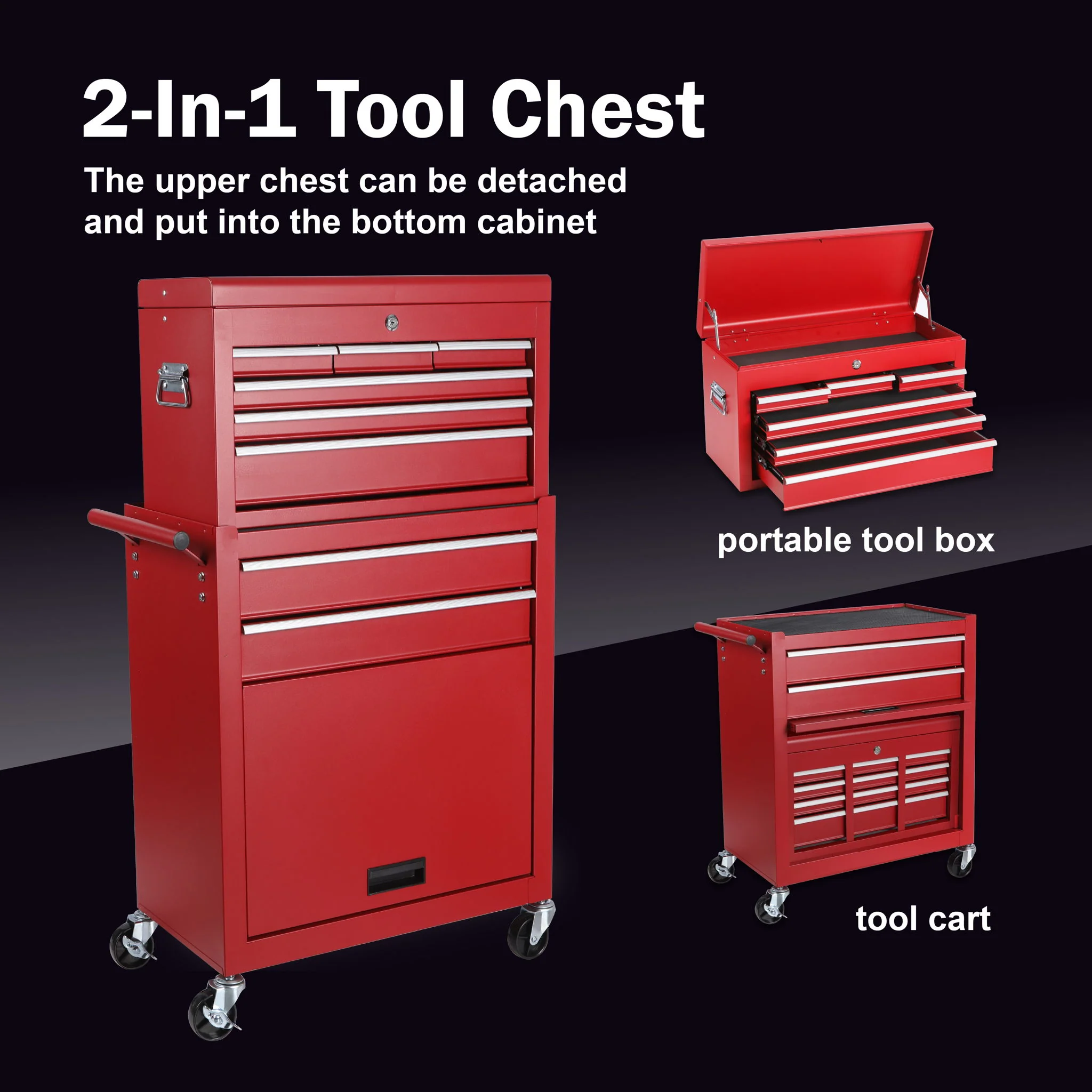 8 Drawer Rolling Tool Chest With 2 In 1 Detachable Top Box, Lockable Wheels - Image 6