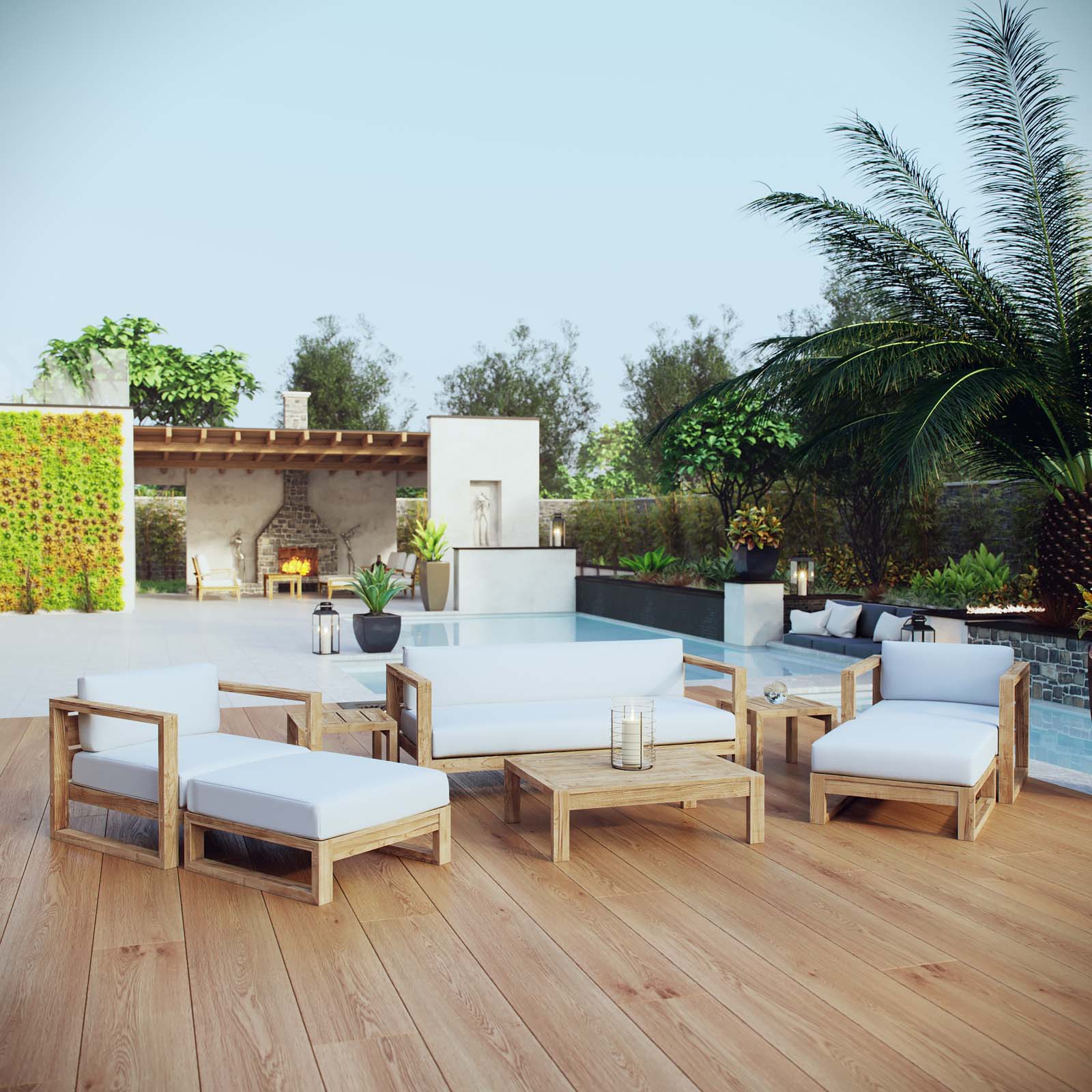 8-Piece Natural Teak Outdoor Patio Furniture Set with White Cushions - Image 10