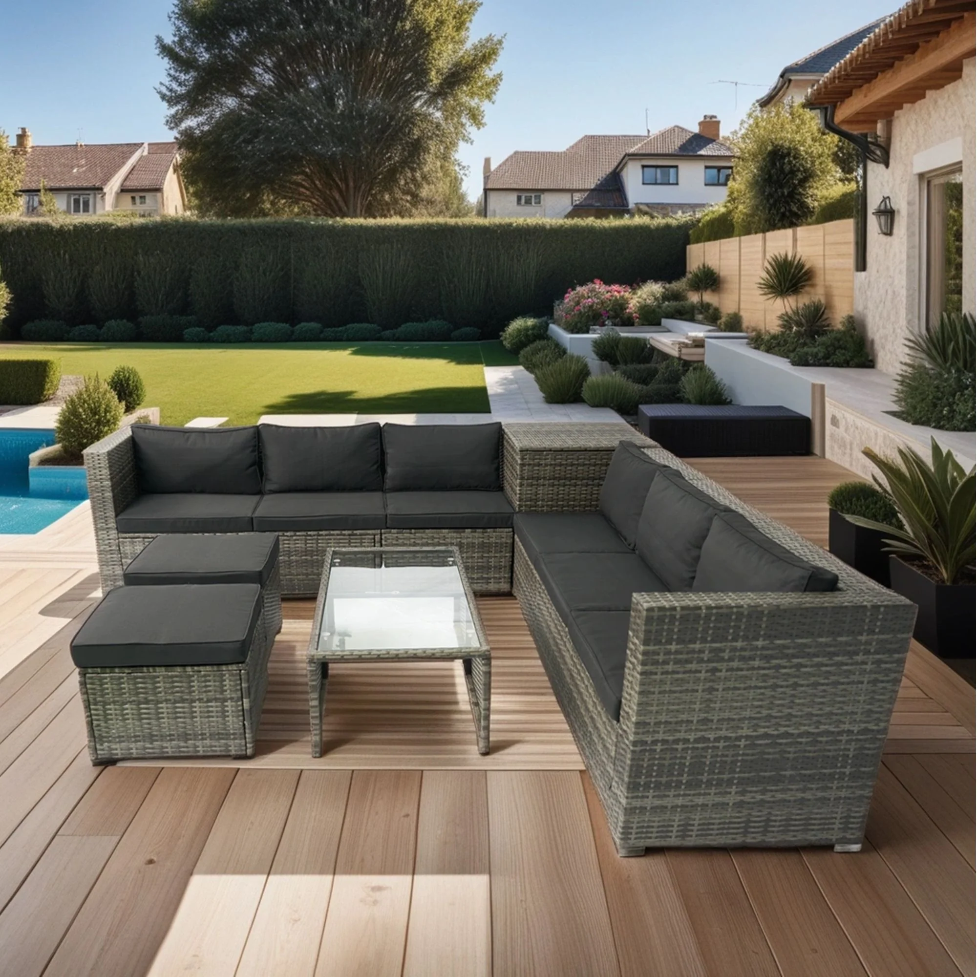 8 Piece Patio Sectional Wicker Rattan Outdoor Furniture Sof Set With One Storage Box Under Seat And Cushion Box - Gray / Black - Image 3