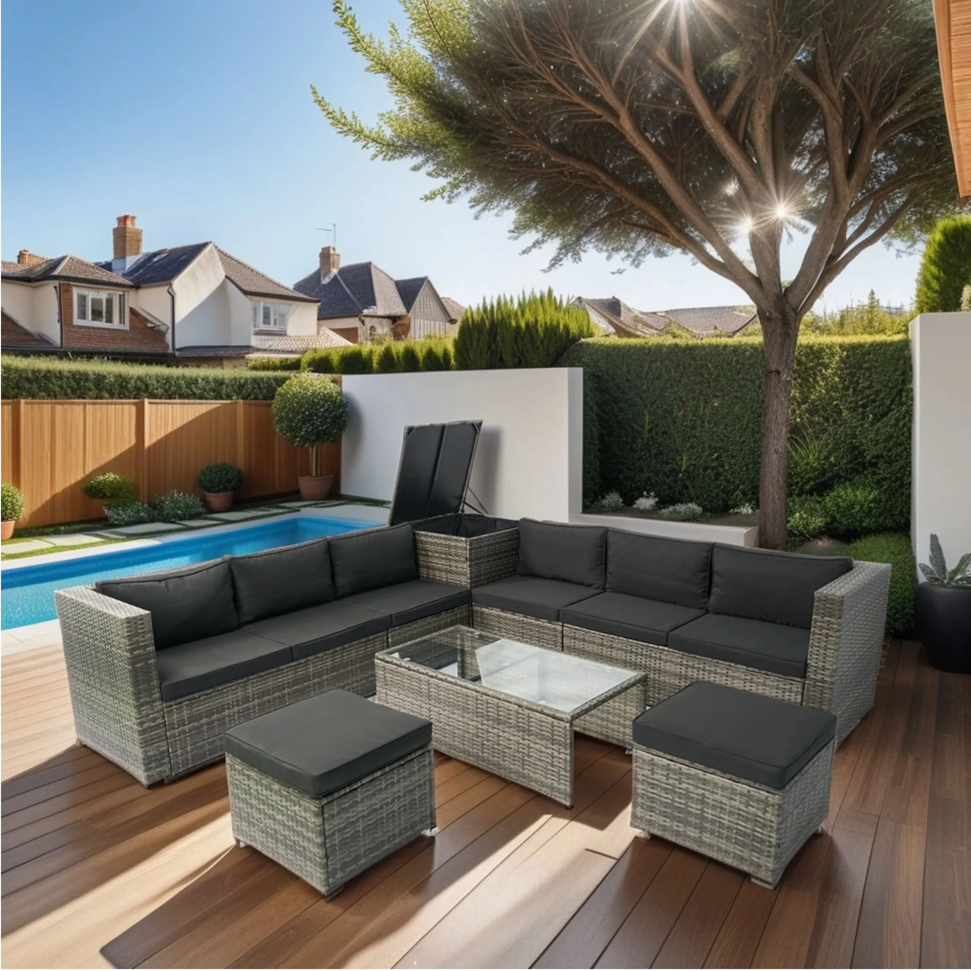 8 Piece Patio Sectional Wicker Rattan Outdoor Furniture Sof Set With One Storage Box Under Seat And Cushion Box - Gray / Black - Image 8