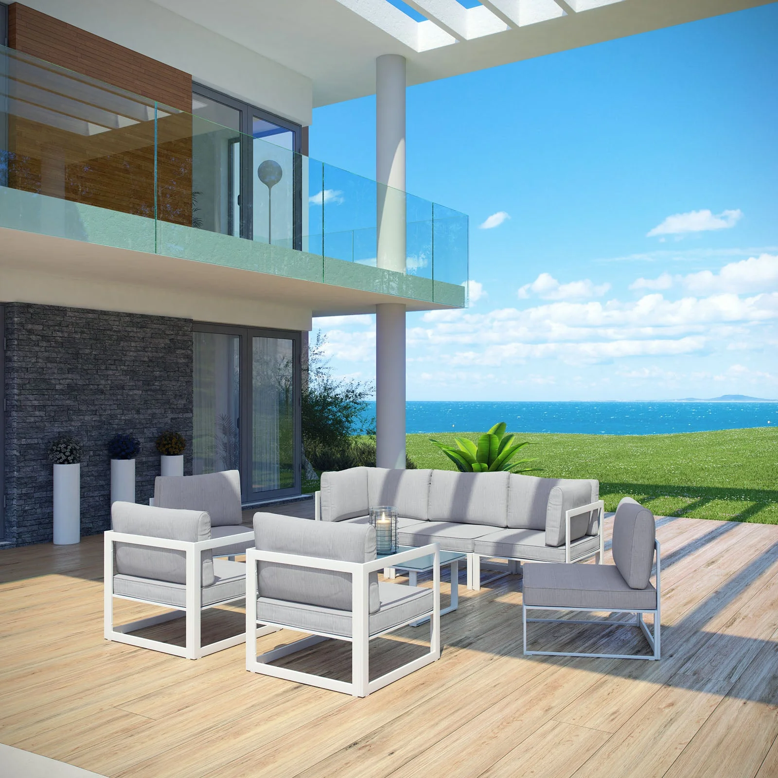 8-Piece White and Gray Aluminum Patio Sectional Sofa Set - Image 8
