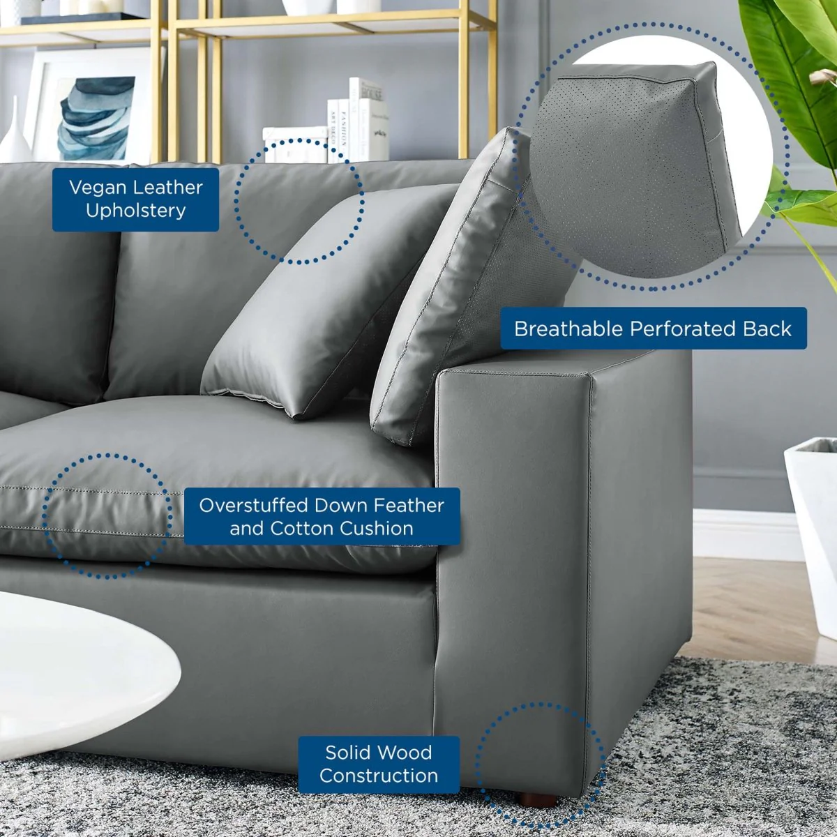 80 Inch Commix Down Filled Overstuffed Vegan Leather Loveseat in Gray - Image 2