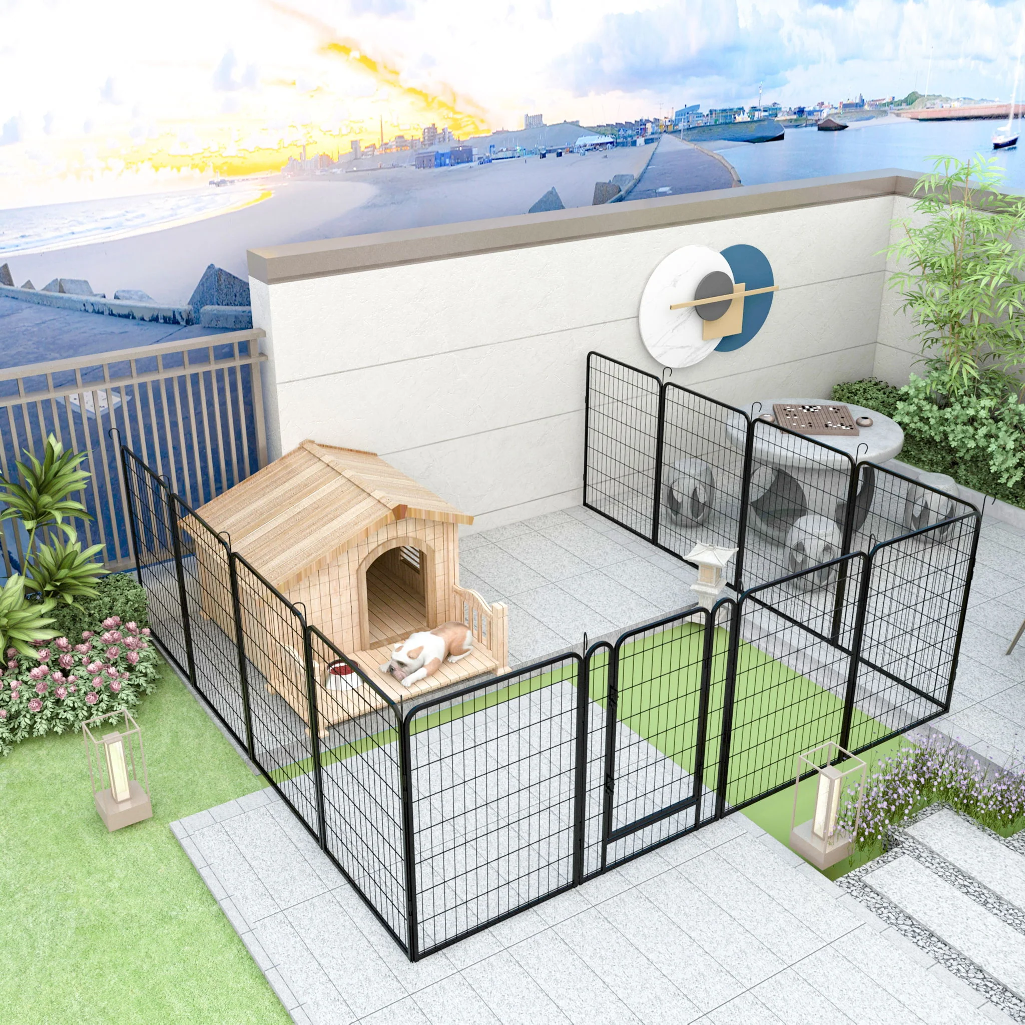81.1" 12 Panels Heavy Duty Metal Playpen With Door, Dog Fence Pet Exercise Pen For Outdoor - Black - Image 5