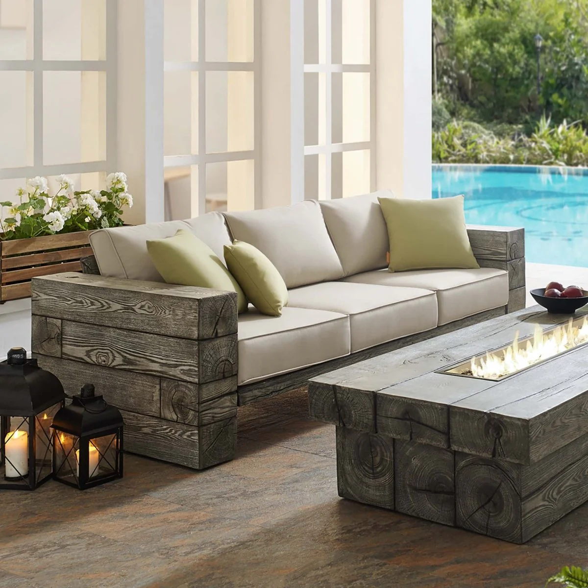 86" Light Gray Beige Outdoor Patio Sofa – Rustic Driftwood Finish - Image 6