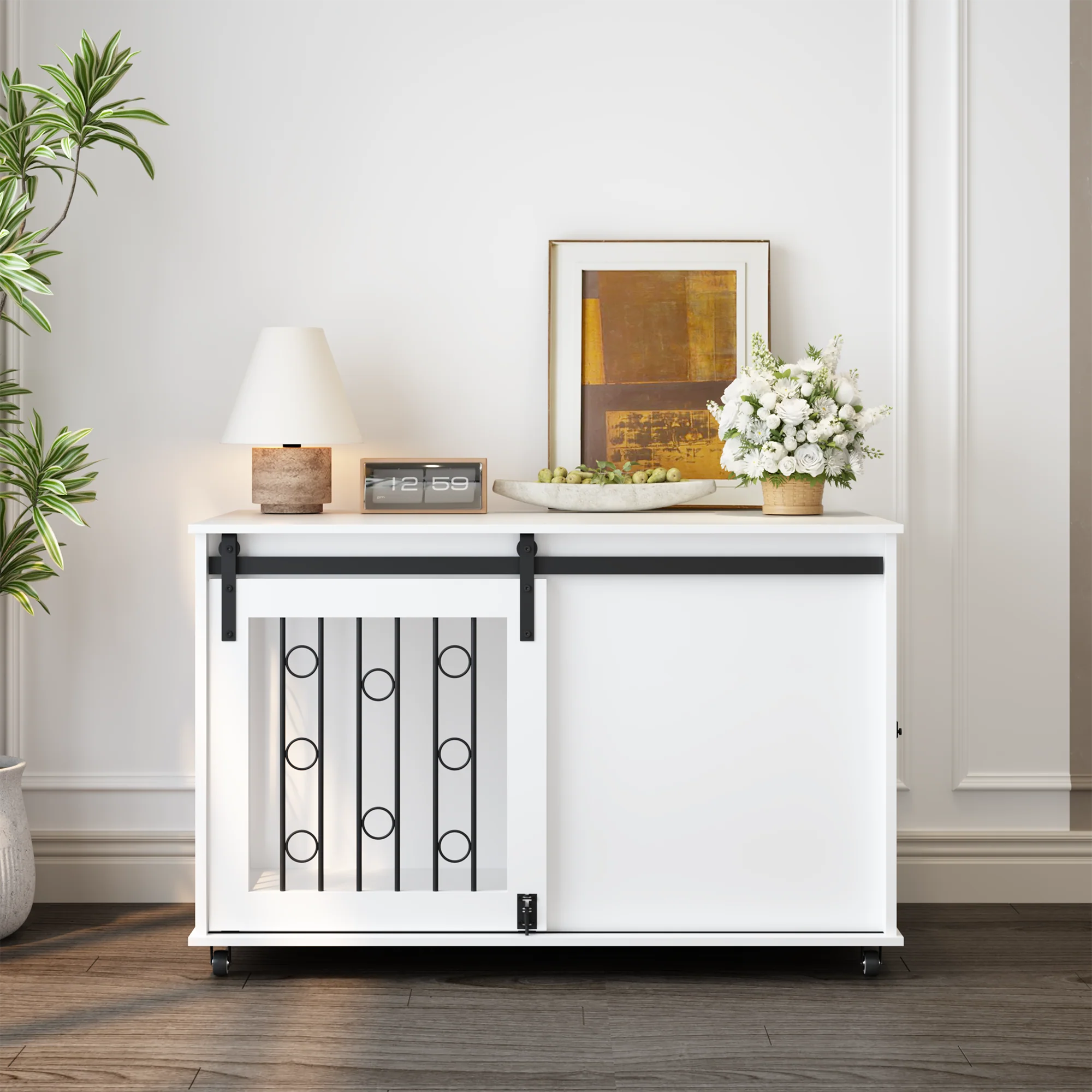 Aris 39-Inch Sliding Barn Door Dog Crate Furniture with Side Access - Image 16