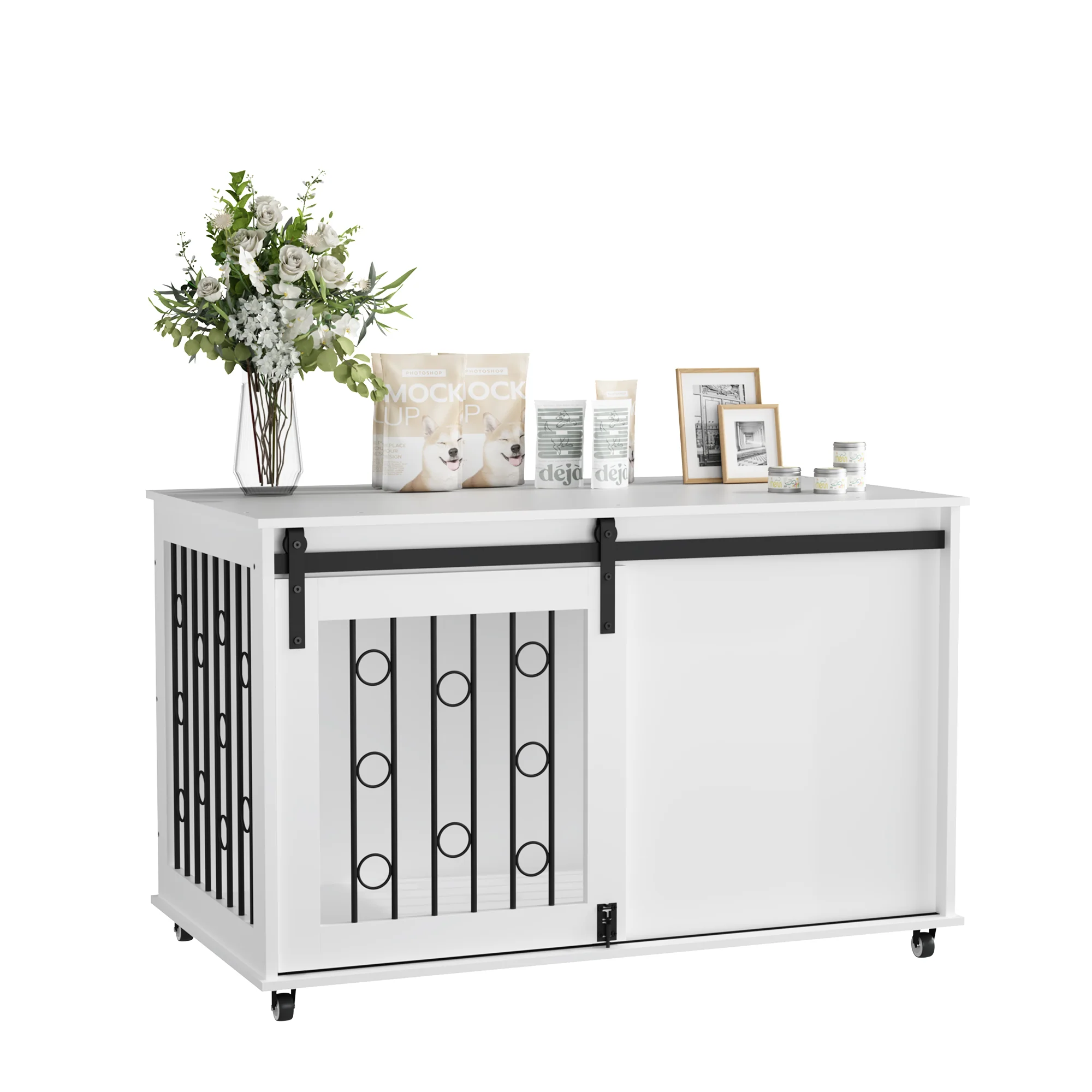 Aris 39-Inch Sliding Barn Door Dog Crate Furniture with Side Access - Image 20