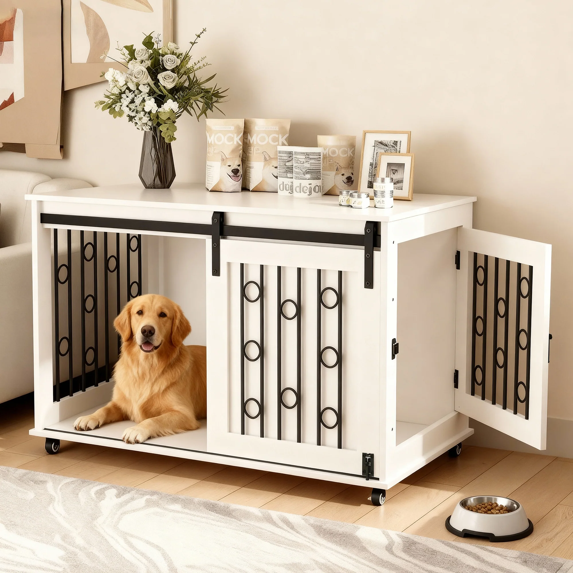 Aris 39-Inch Sliding Barn Door Dog Crate Furniture with Side Access - Image 25