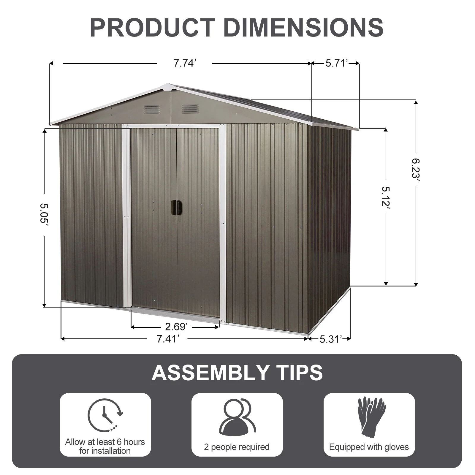 8Ft x 6Ft Outdoor Metal Storage Shed With Floor Base (SKU: W540S00012) - Gray - Image 4