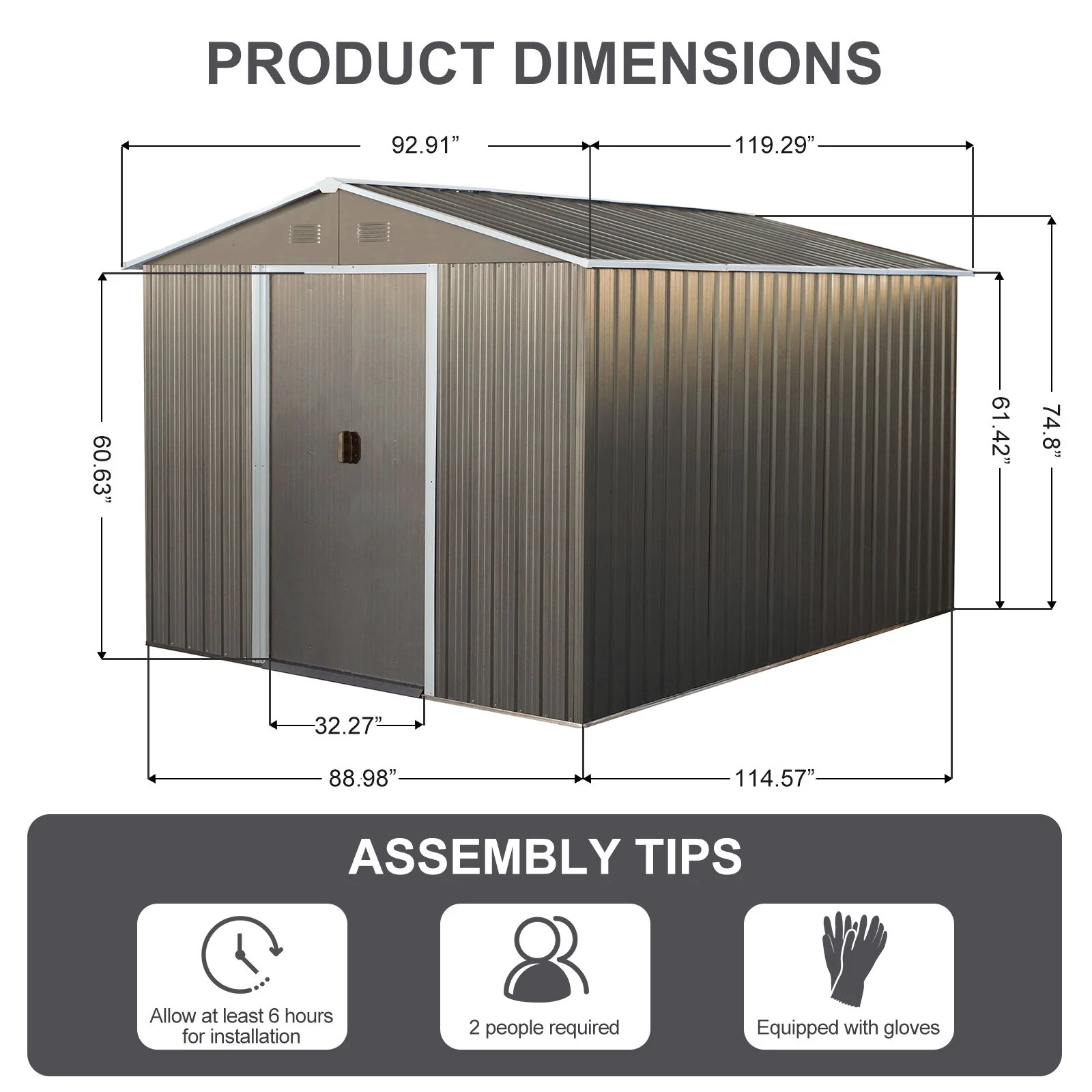 8X10Ft Outdoor Metal Storage Shed - Gray - Image 2