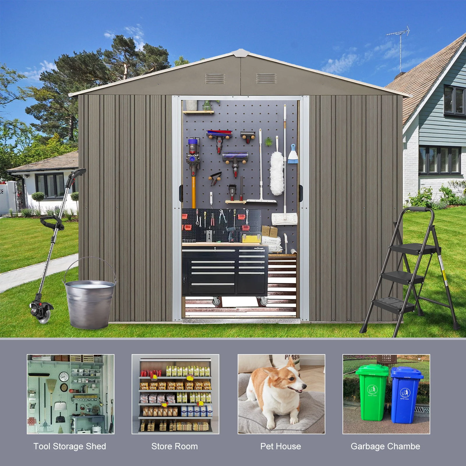 8X10Ft Outdoor Metal Storage Shed - Gray - Image 5