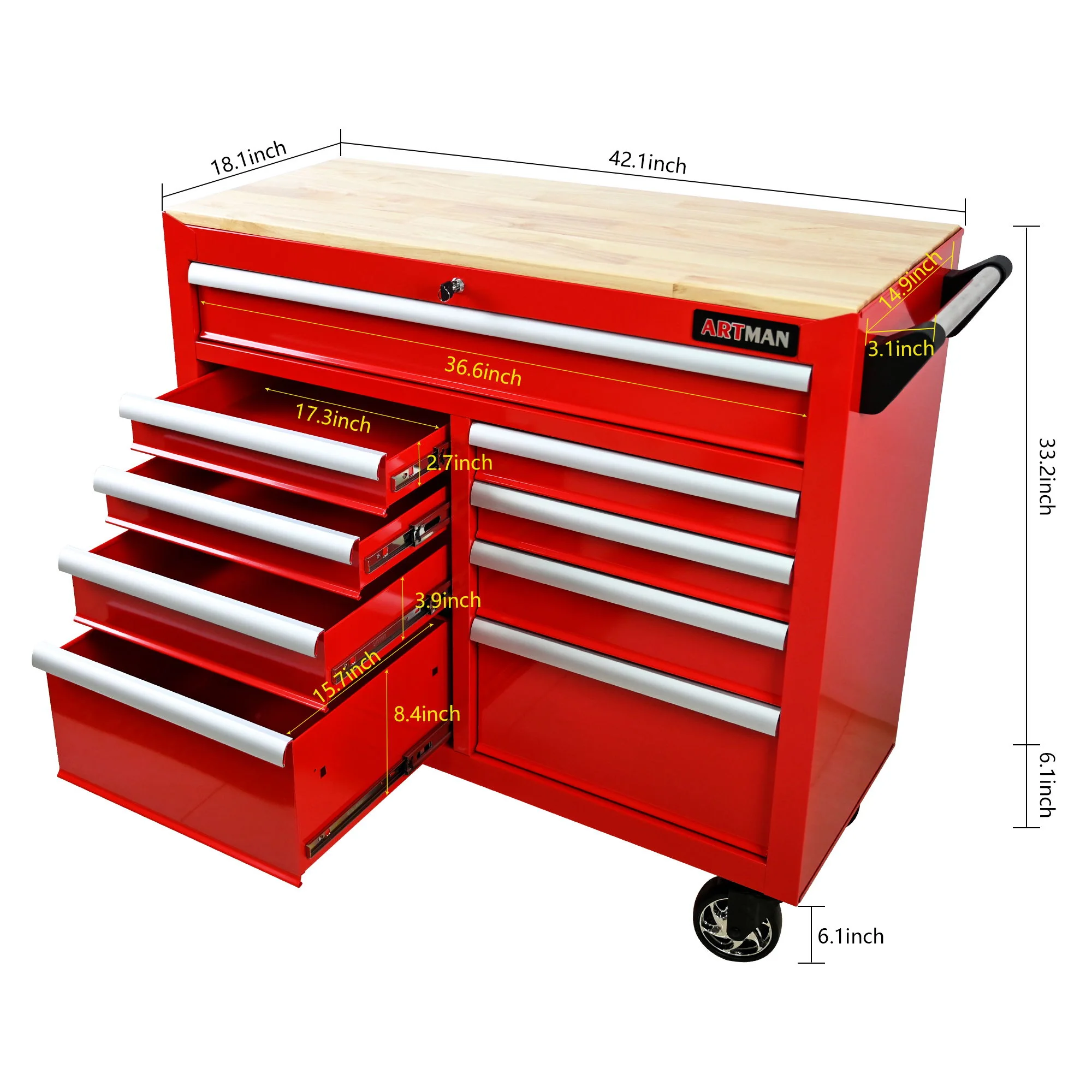 9 Drawer Multifunctional Steel Tool Cart With Wheels And Wooden Top - Image 15