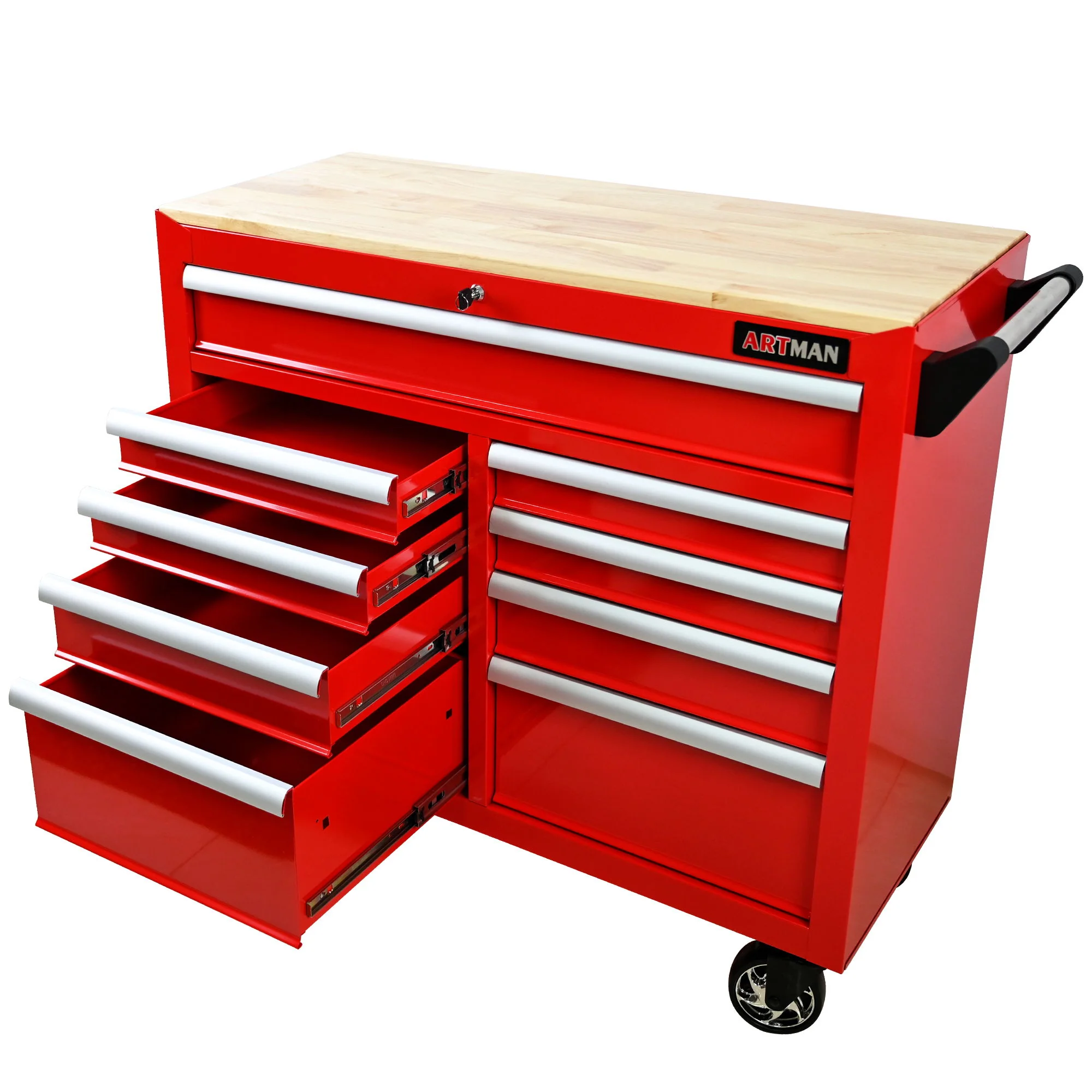 9 Drawer Multifunctional Steel Tool Cart With Wheels And Wooden Top - Image 16