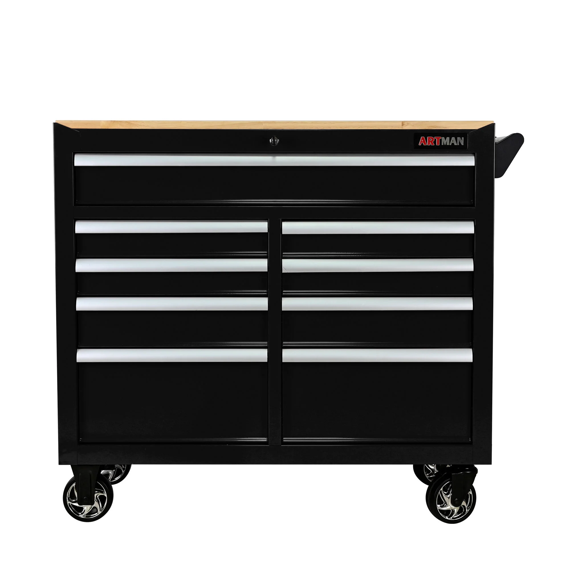 9 Drawer Multifunctional Steel Tool Cart With Wheels And Wooden Top - Image 2
