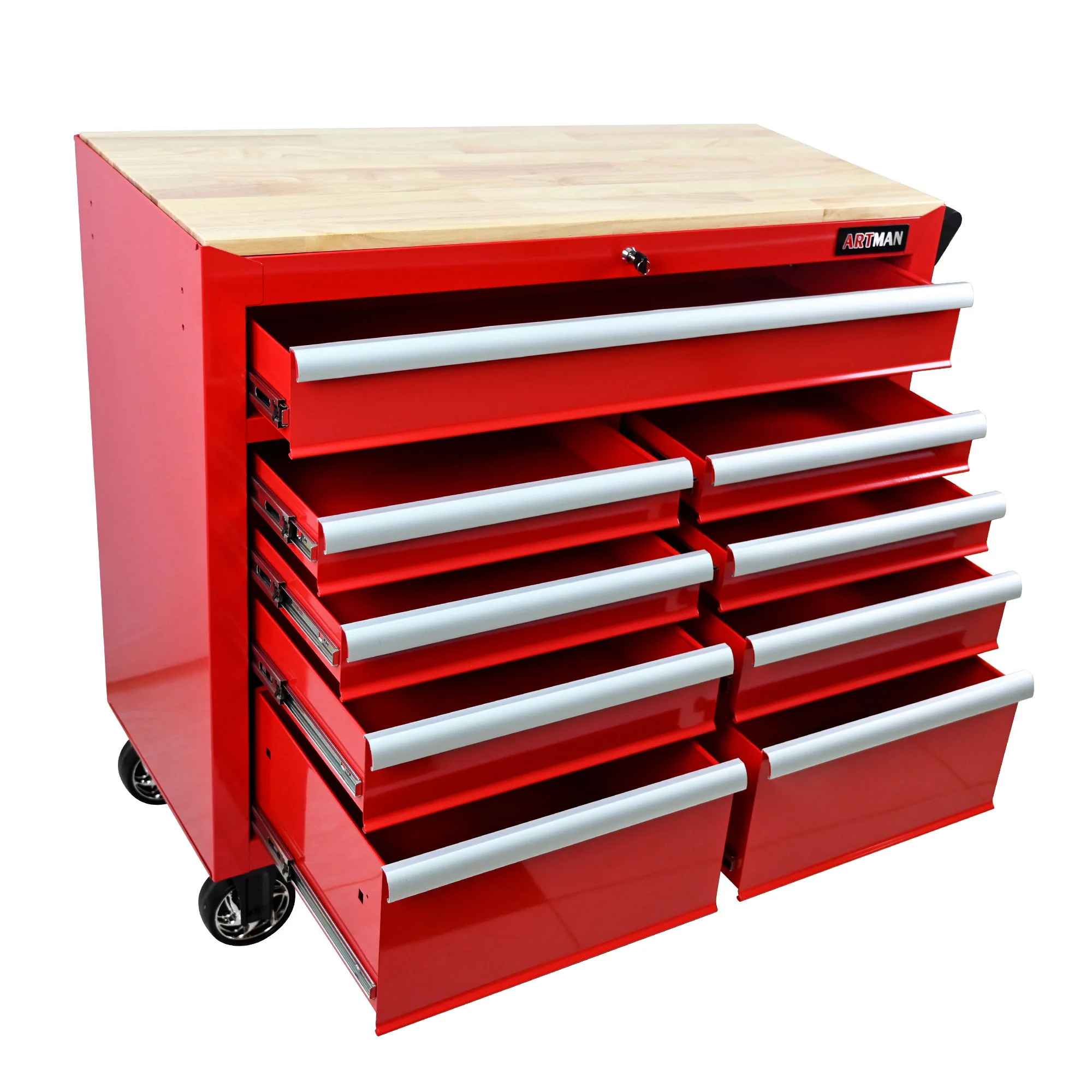 9 Drawer Multifunctional Steel Tool Cart With Wheels And Wooden Top - Image 3