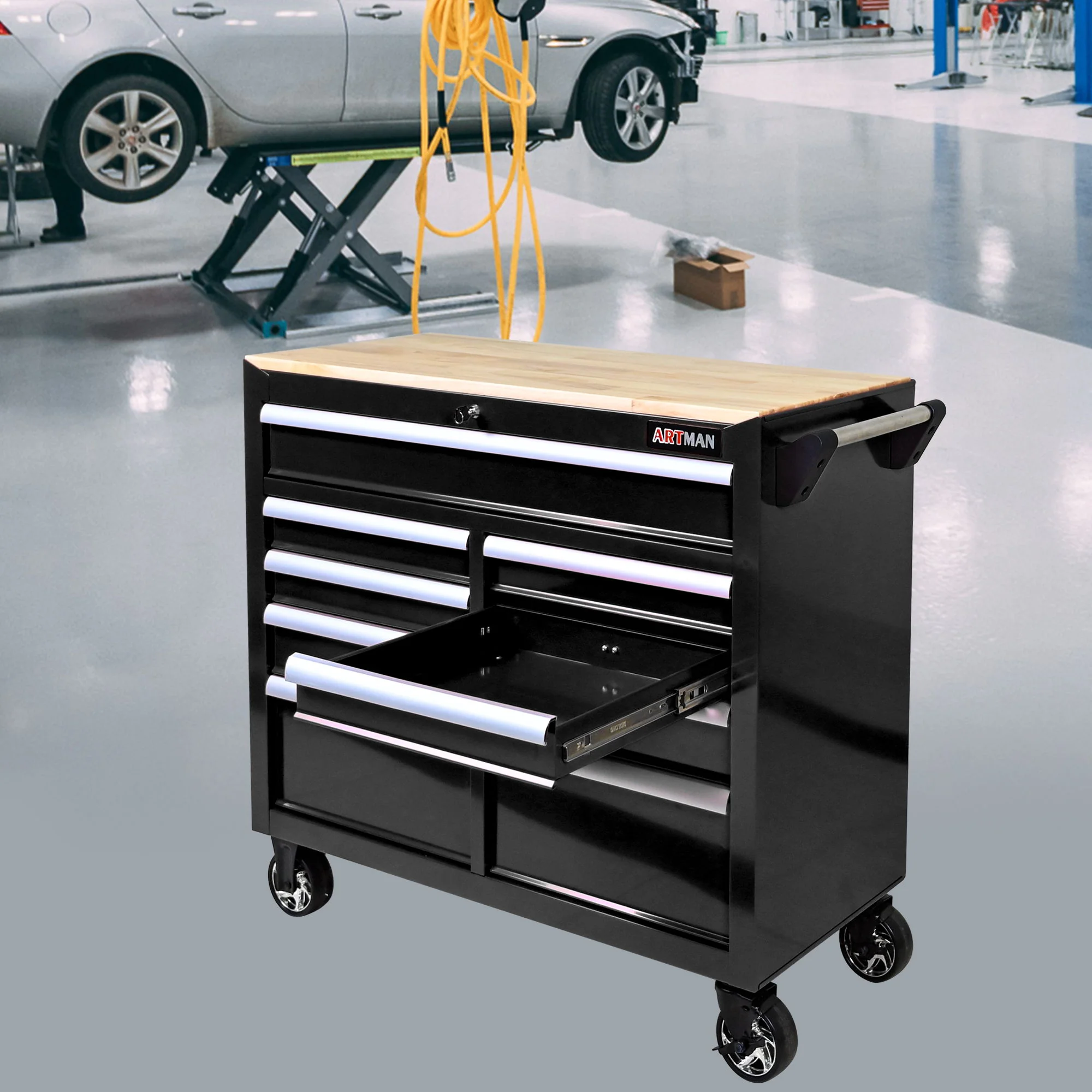 9 Drawer Multifunctional Steel Tool Cart With Wheels And Wooden Top - Image 5