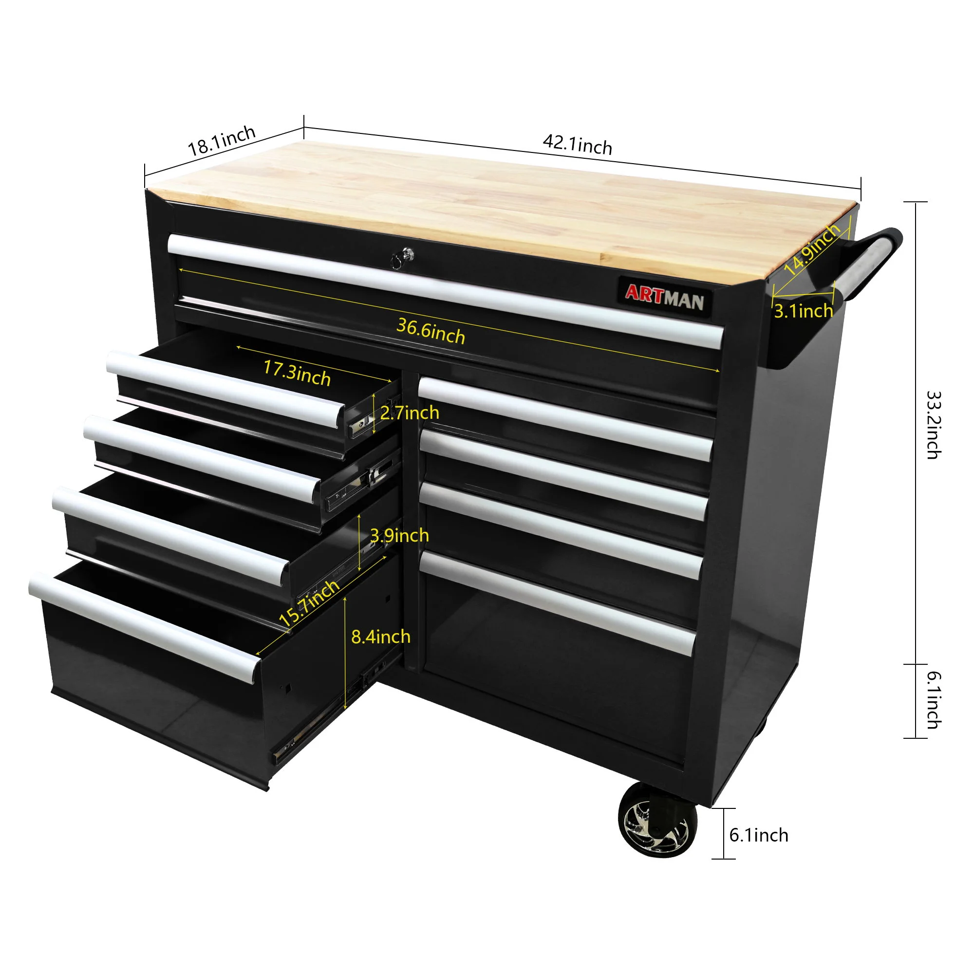 9 Drawer Multifunctional Steel Tool Cart With Wheels And Wooden Top - Image 9