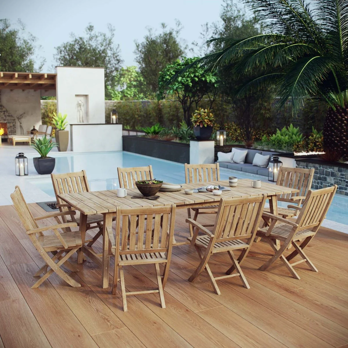 9-Piece Natural Teak Outdoor Dining Set with Folding Armchairs - Image 8