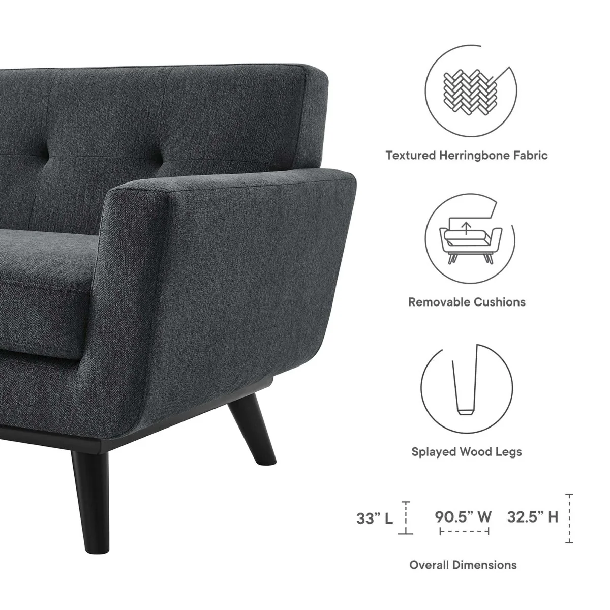 90 Inch Mid-Century Modern Herringbone Fabric Sofa - Image 8