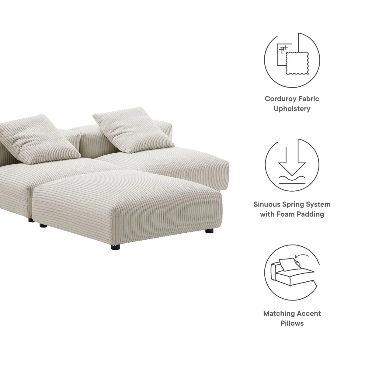 91 Inch Modular Corduroy Upholstered 3-Piece Sectional Sofa - Image 2