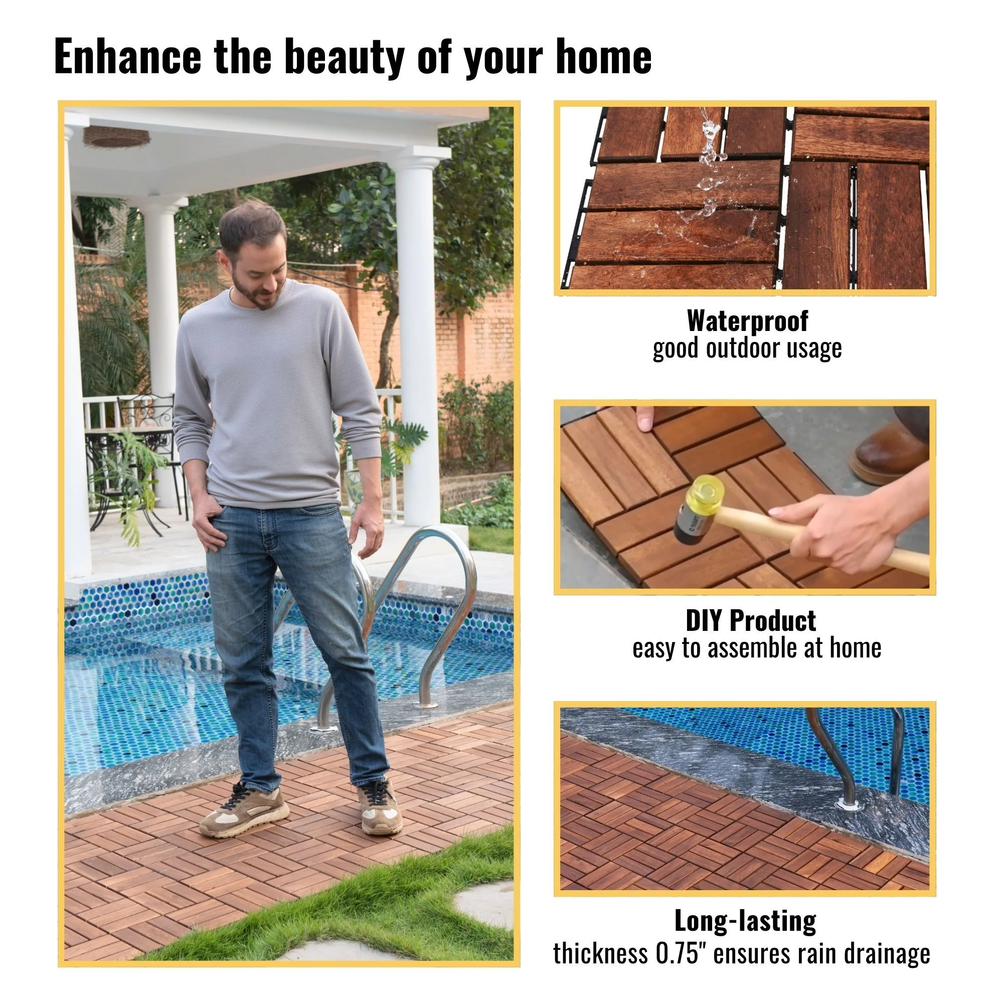 Acacia Wood Interlocking Deck Tiles Checker Pattern For Outdoor Flooring - Image 30