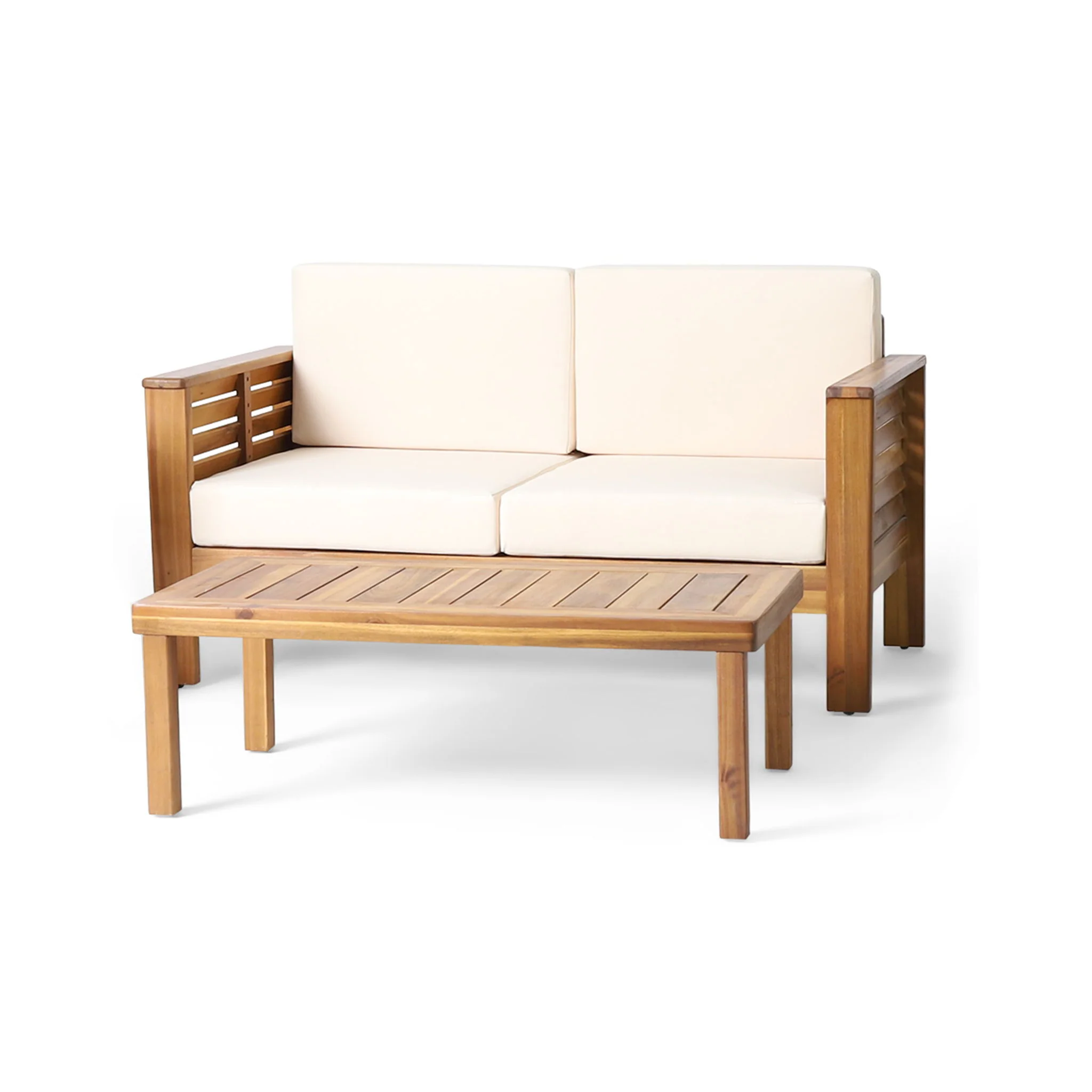 Acacia Wood Loveseat And Coffee Table Set With Cushions - Image 2