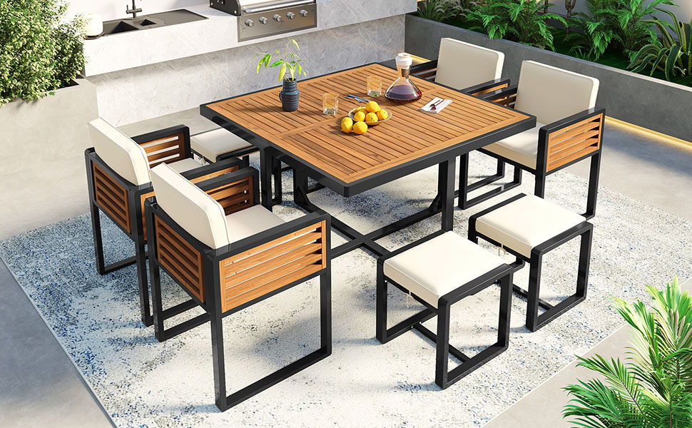 Acacia Wood Patio Dining Set, Cushioned Chairs & Ottomans Square Table - Image 22