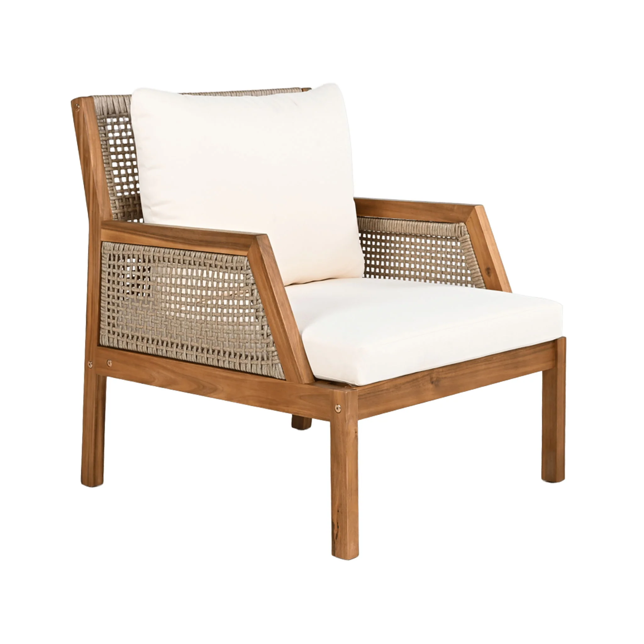 Acacia Wood Patio Furniture Club Chair, Outdoor Wicker Armchair, Deep Seating With Soft Cushions For Porch - Teak / Mix Brown - Image 2