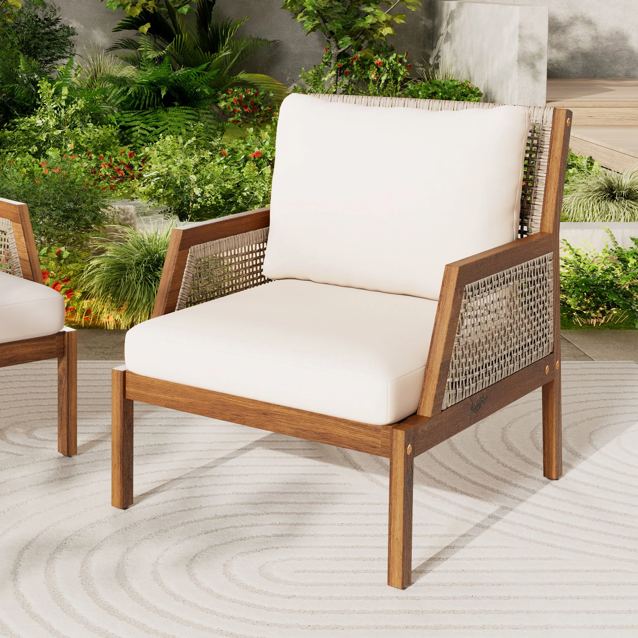 Acacia Wood Patio Furniture Club Chair, Outdoor Wicker Armchair, Deep Seating With Soft Cushions For Porch - Teak / Mix Brown - Image 4