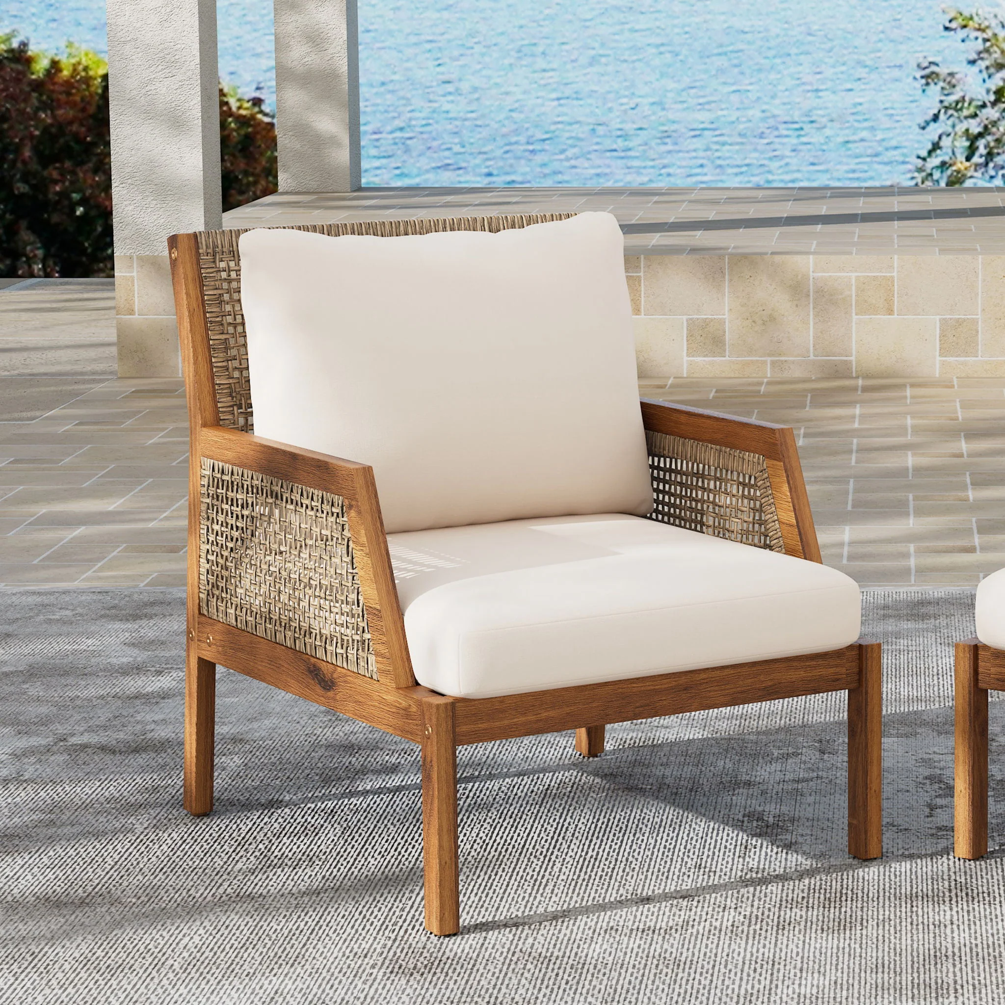 Acacia Wood Patio Furniture Club Chair, Outdoor Wicker Armchair, Deep Seating With Soft Cushions For Porch - Teak / Mix Brown - Image 5