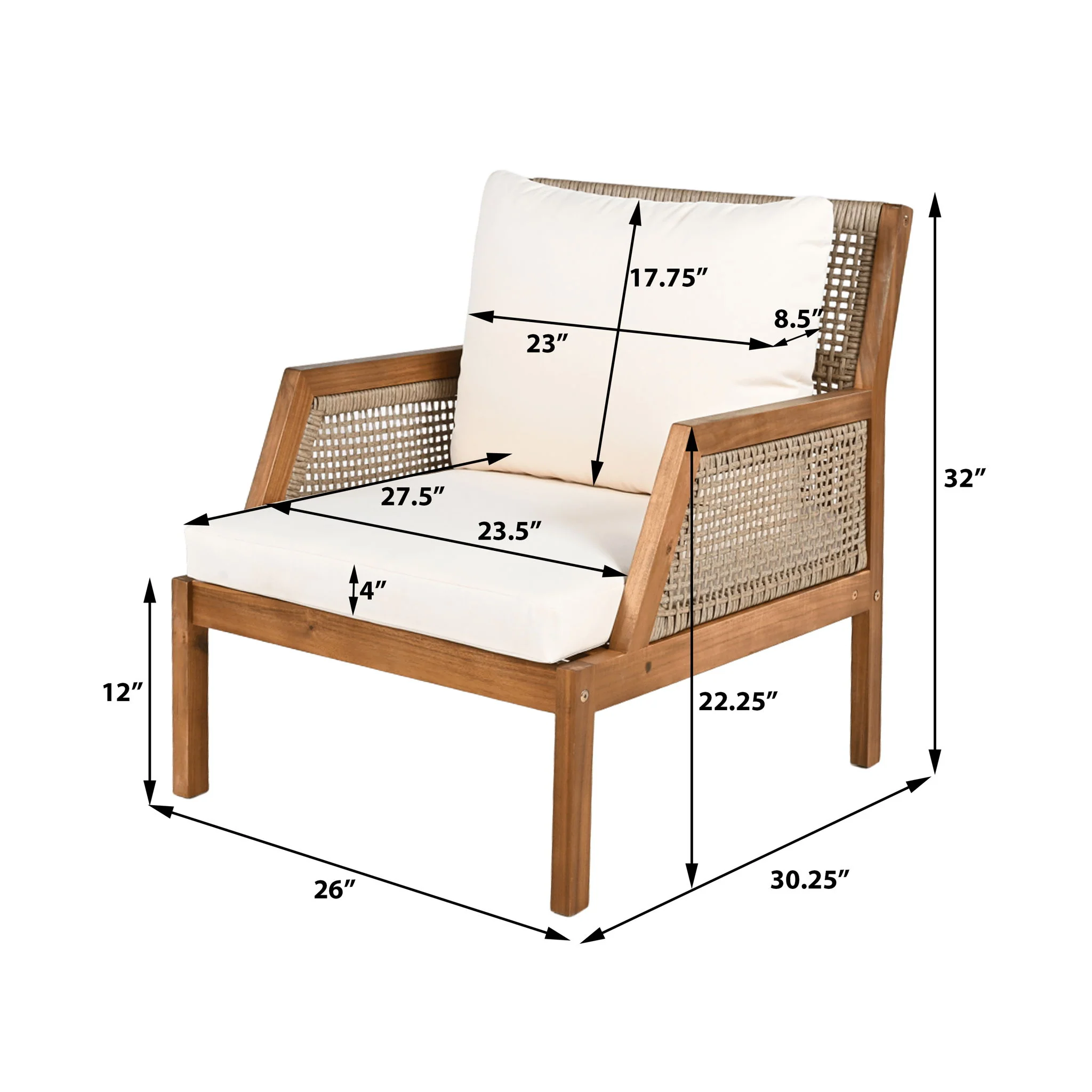 Acacia Wood Patio Furniture Club Chair, Outdoor Wicker Armchair, Deep Seating With Soft Cushions For Porch - Teak / Mix Brown - Image 7
