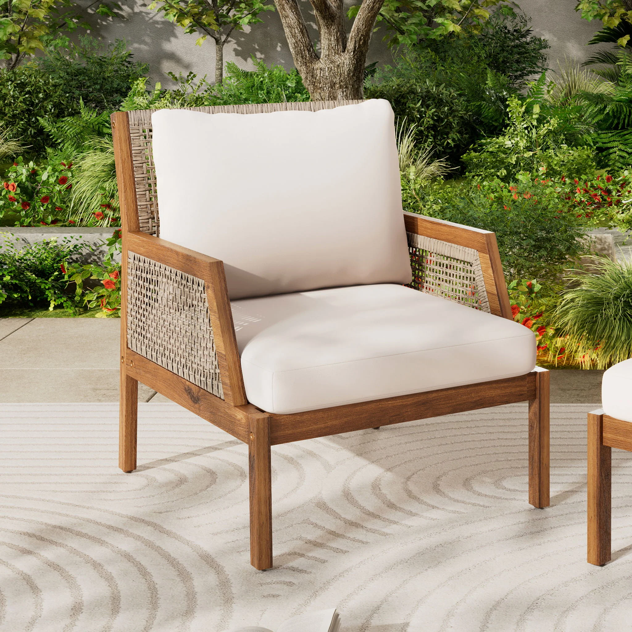 Acacia Wood Patio Furniture Club Chair, Outdoor Wicker Armchair, Deep Seating With Soft Cushions For Porch - Teak / Mix Brown - Image 8