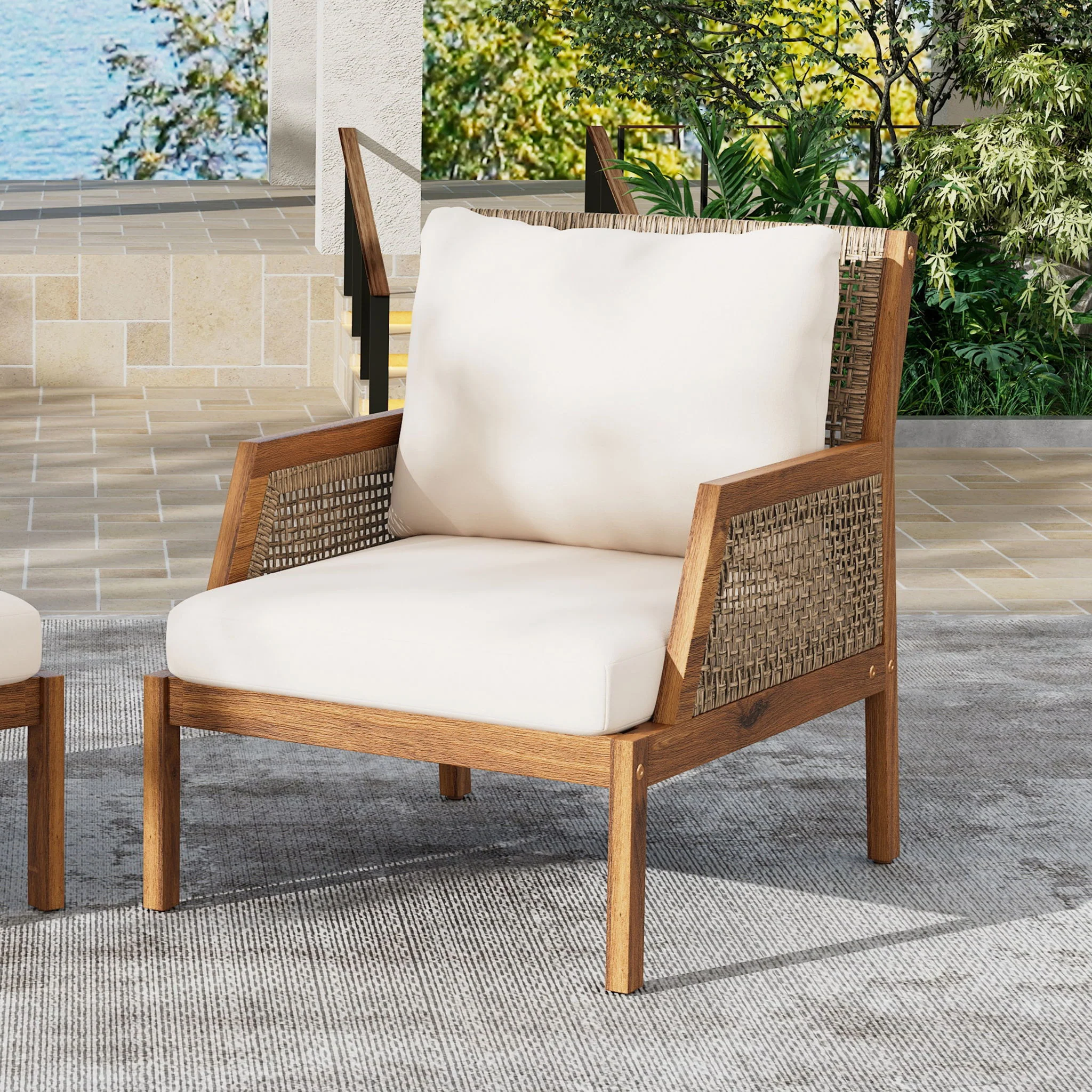 Acacia Wood Patio Furniture Club Chair, Outdoor Wicker Armchair, Deep Seating With Soft Cushions For Porch - Teak / Mix Brown - Image 9