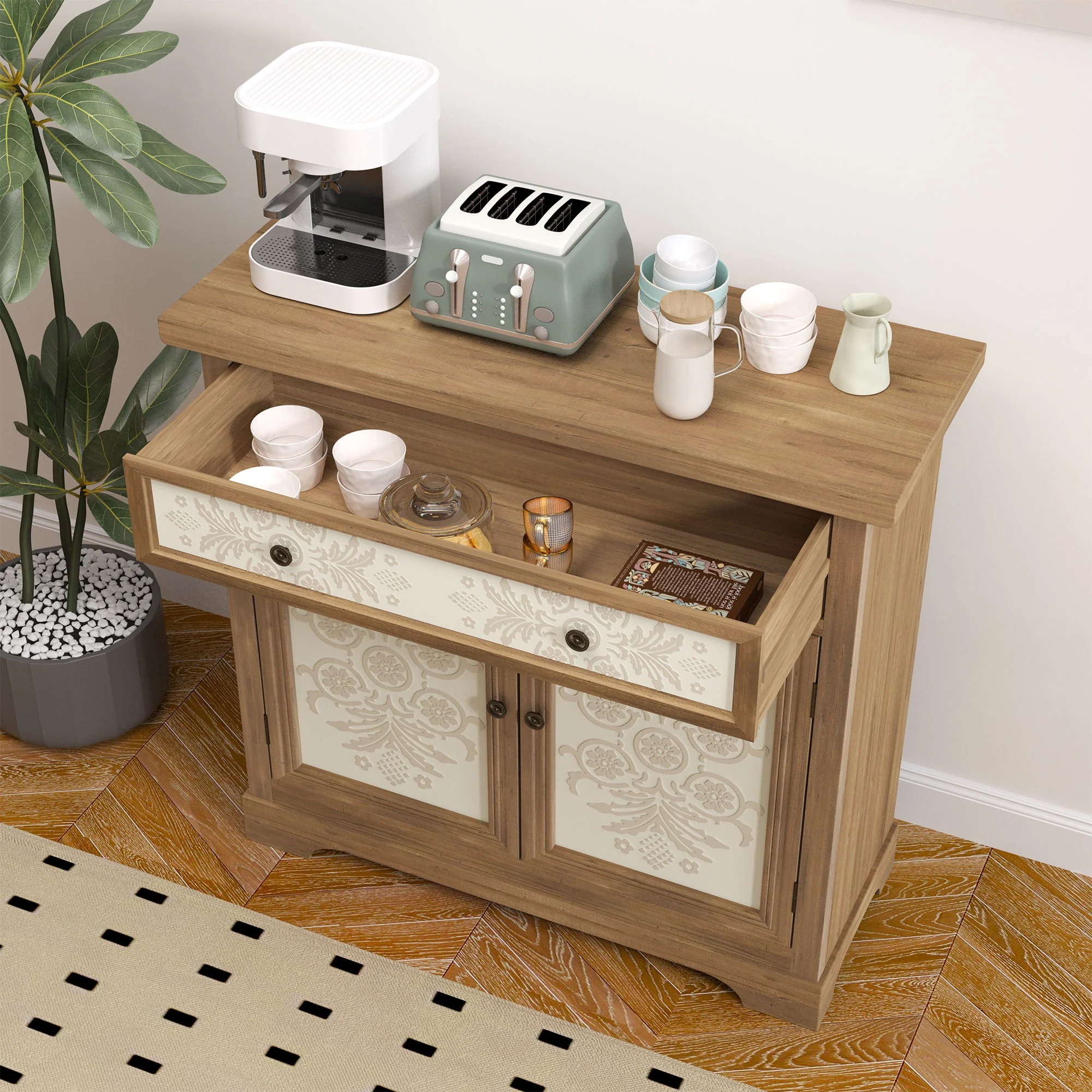 Accent Cabinet With Carved Floral Panels, Sideboard With Drawer And Double Doors - Antique Brown / White - Image 4